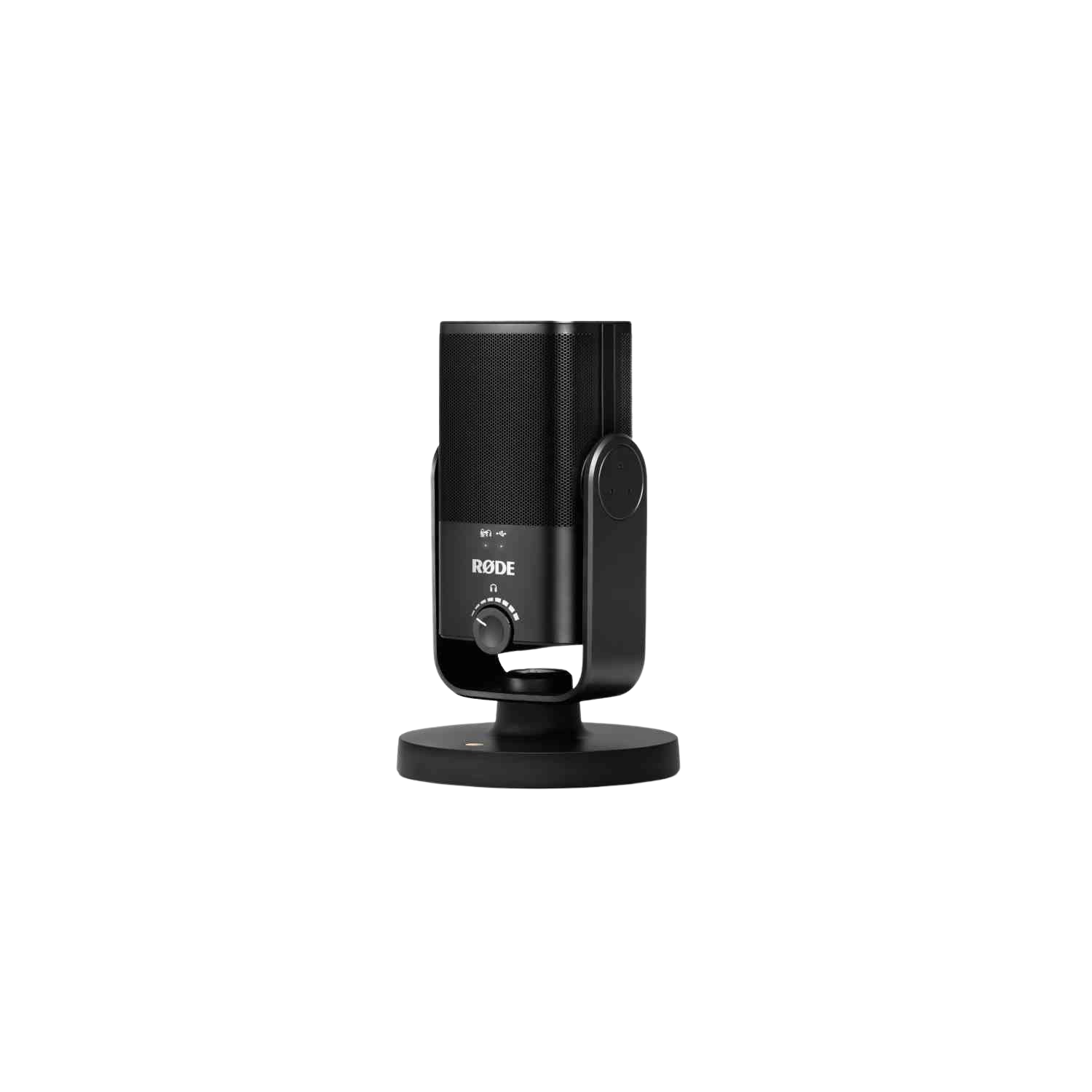 Black Rode microphone on a round stand with a volume knob.