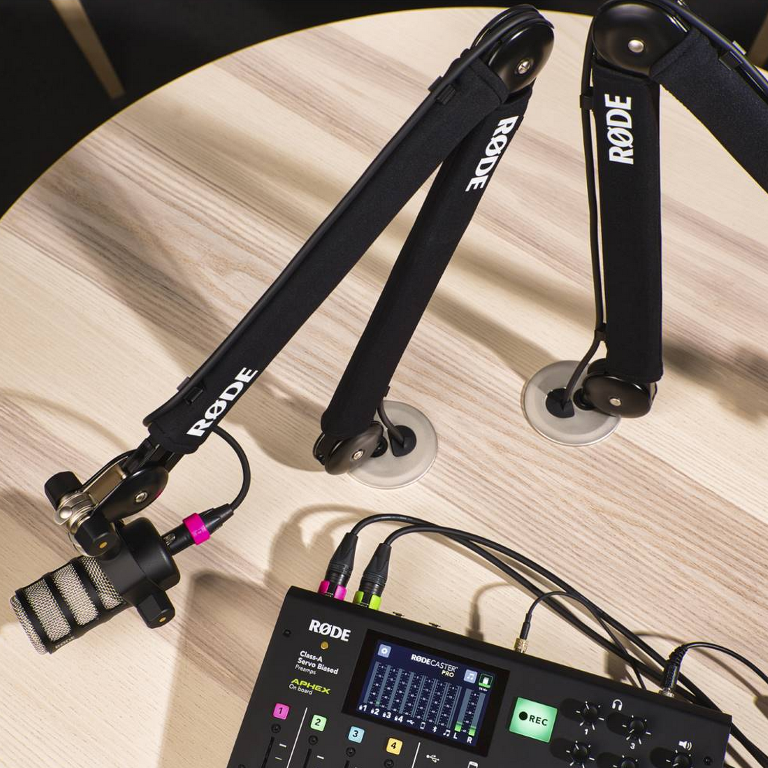 Two microphones, RODE arms, and a RodeCaster Pro audio mixer.