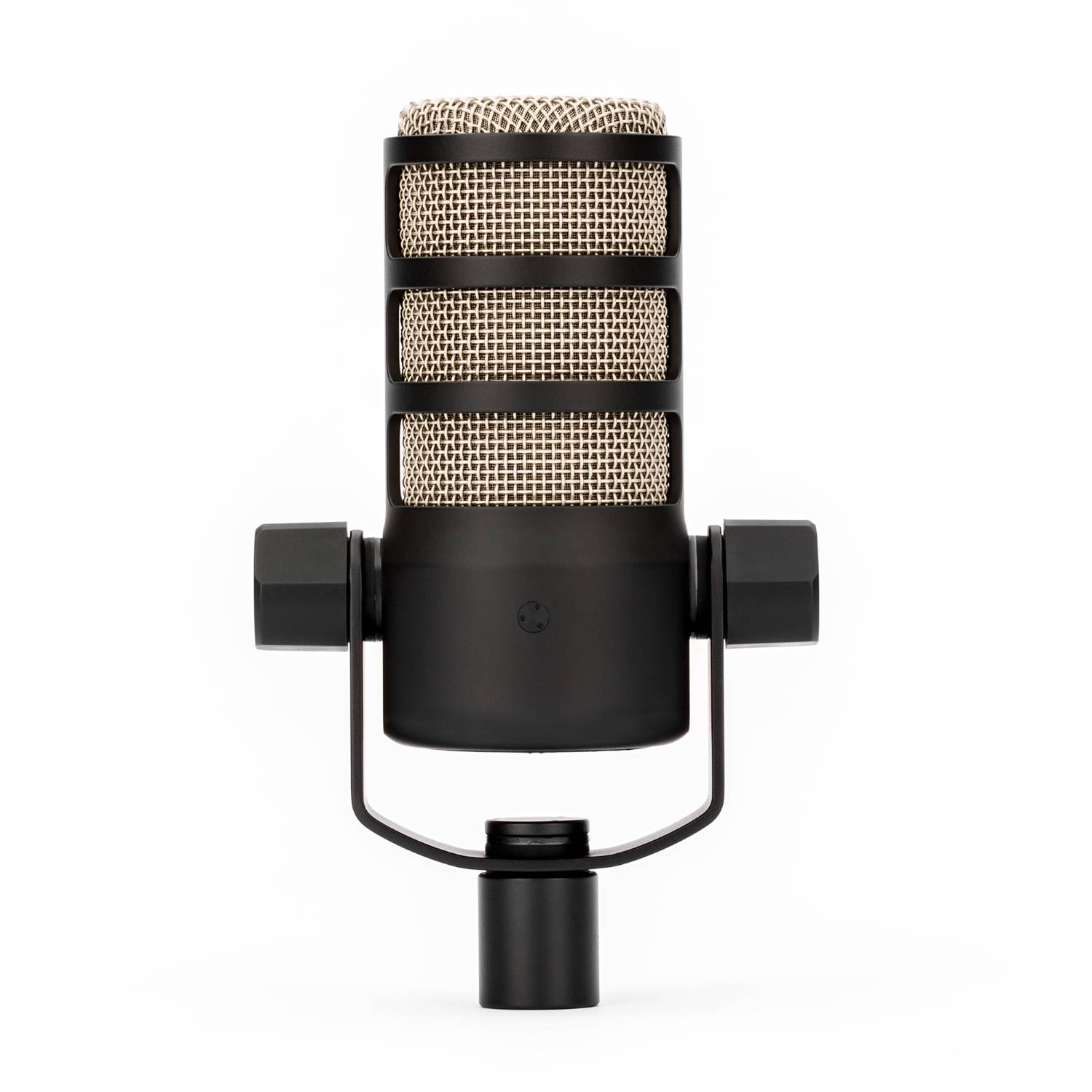 A black microphone with a gold grille on a white background.