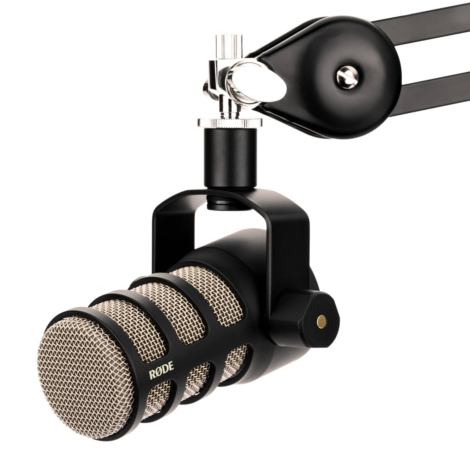 A black microphone with a gold grille on a white background.