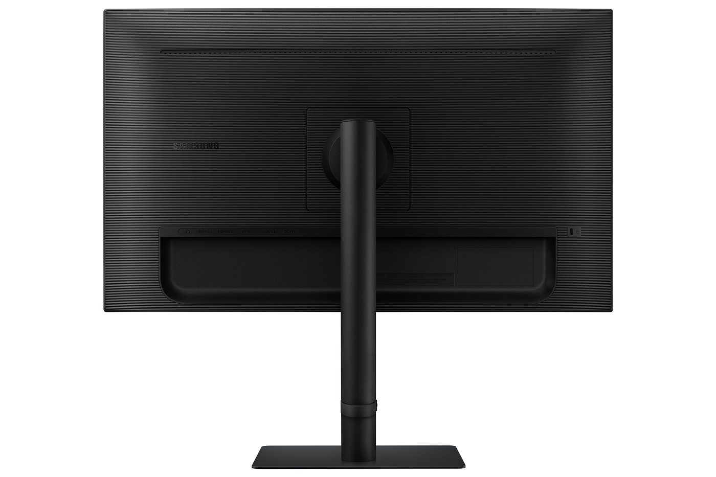 Standlı siyah bir bilgisayar monitörünün arkası. Üstte Samsung logosu.