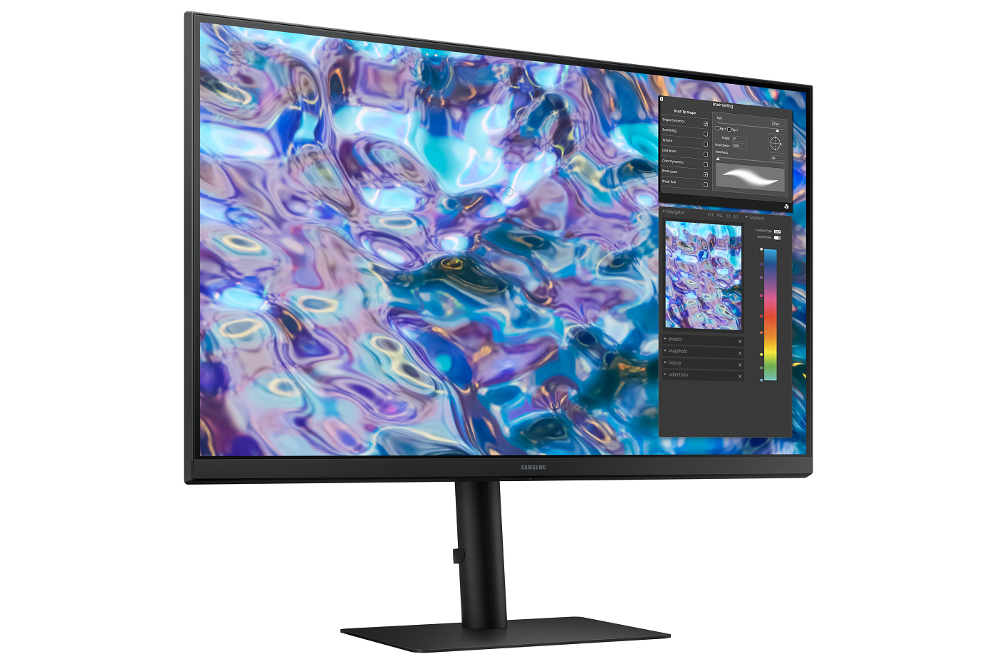 Bir stand üzerinde renkli bir ekrana sahip bir monitör. Beyaz bir arka plana karşı.