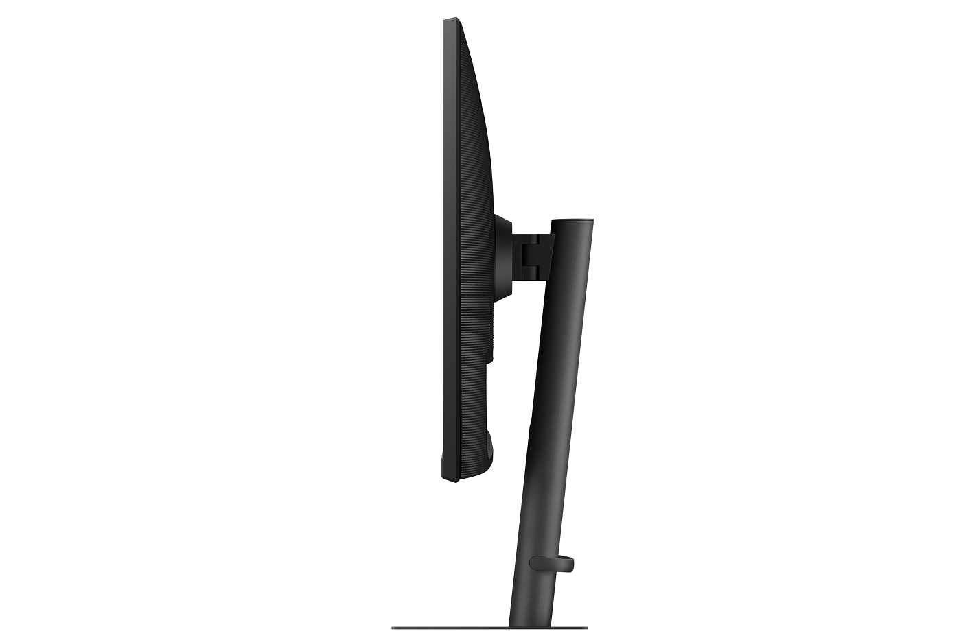 Bir stand üzerinde siyah bir bilgisayar monitörünün yan görünümü.