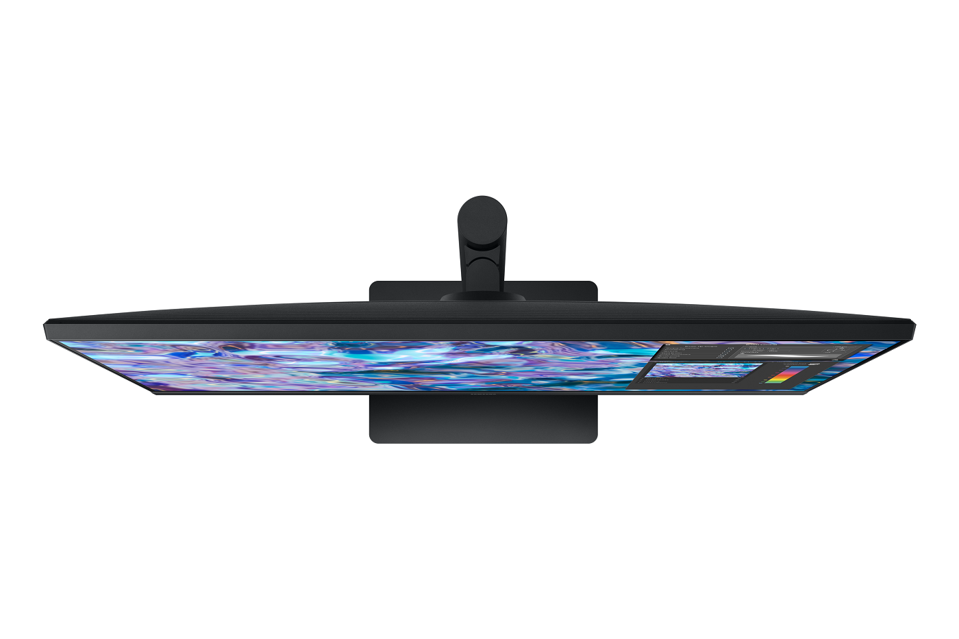 Kavisli bir ekran ile siyah bir Samsung monitörünün üstten görünümü.