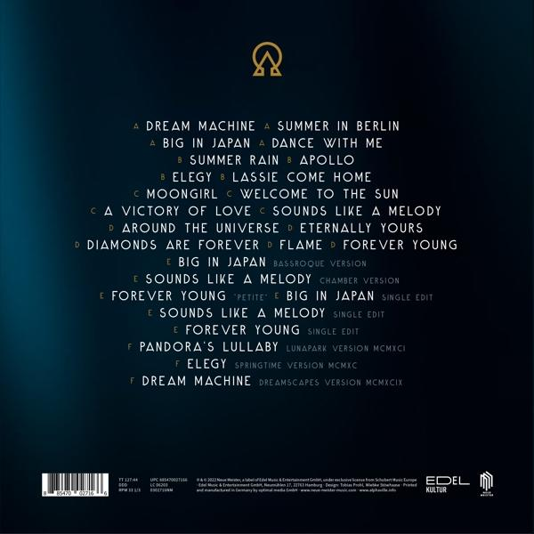 Album-Rückseite mit einer Liste von Songtiteln in Weiß auf dunkelblauem Grund.