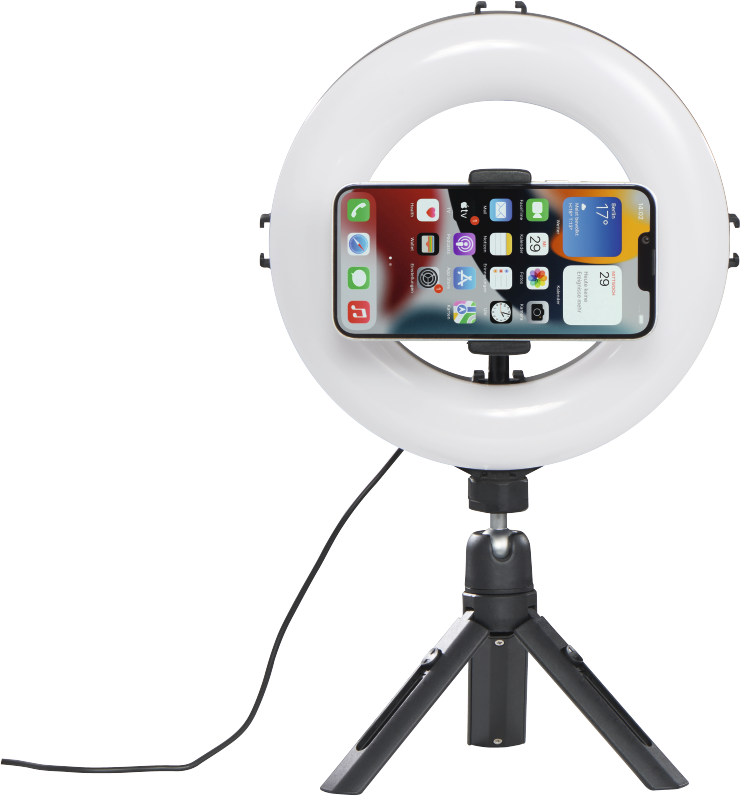 Ringlicht mit Telefon. Schwarzes Stativ. Telefon zeigt Apps. Weißes Ringlicht.