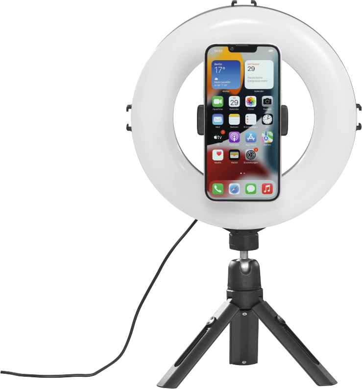 Ein Ringlicht mit einem Smartphone befestigt. Das Smartphone zeigt eine App-Oberfläche.