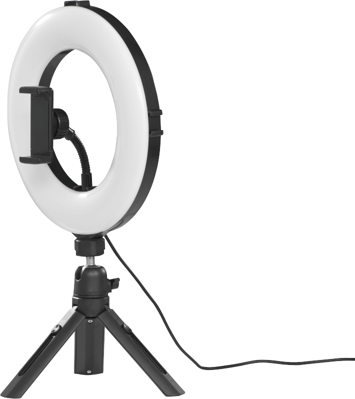 Ringlicht mit Telefonhalter auf einem Stativ.