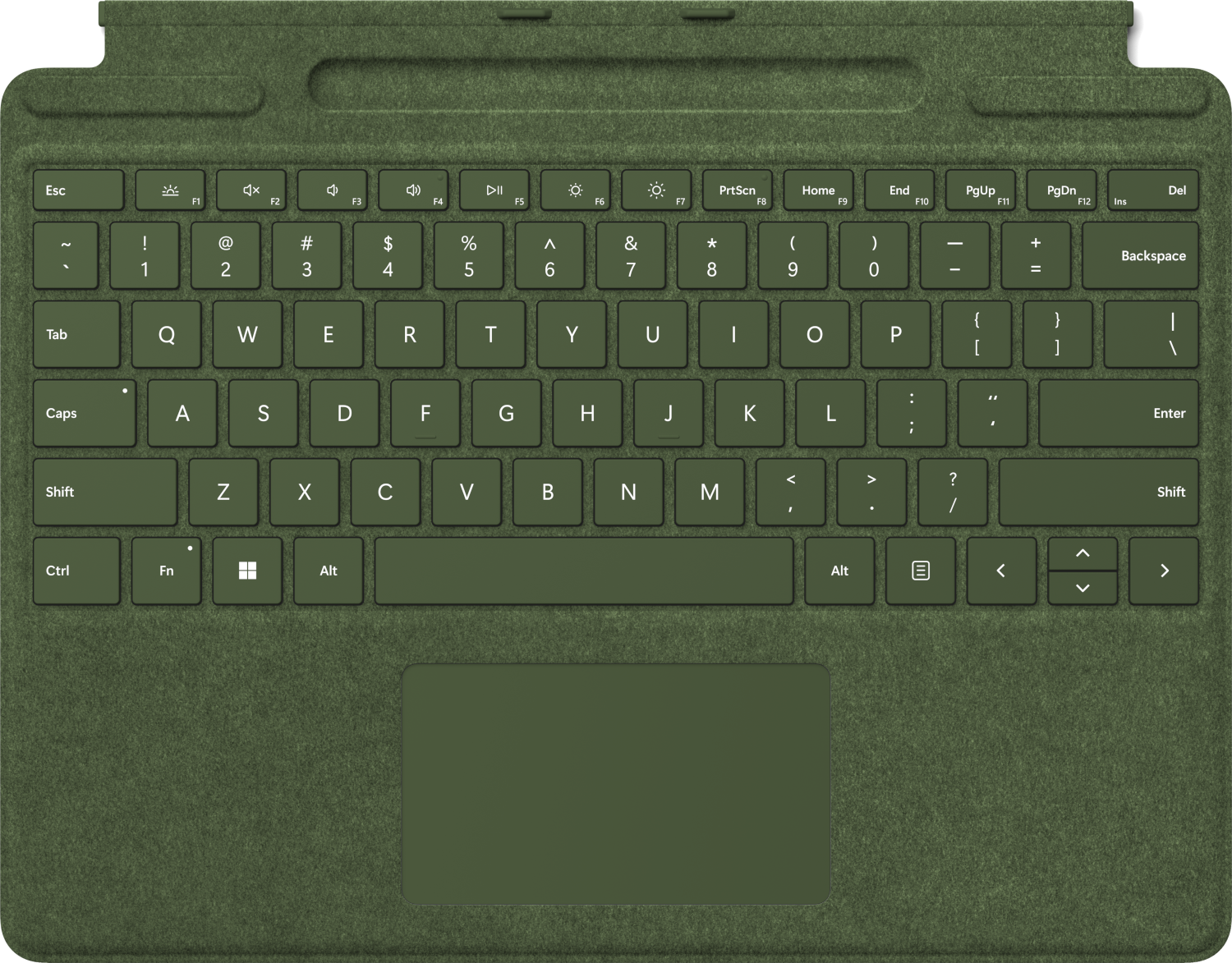 Toetsenbordhoes, groen, met letters en cijfers, een touchpad en functietoetsen, op een witte achtergrond.