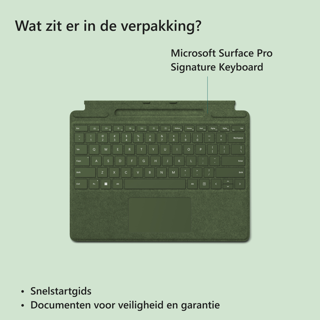 Een Microsoft Surface Pro Signature Keyboard op een groene achtergrond, met kenmerken eronder.