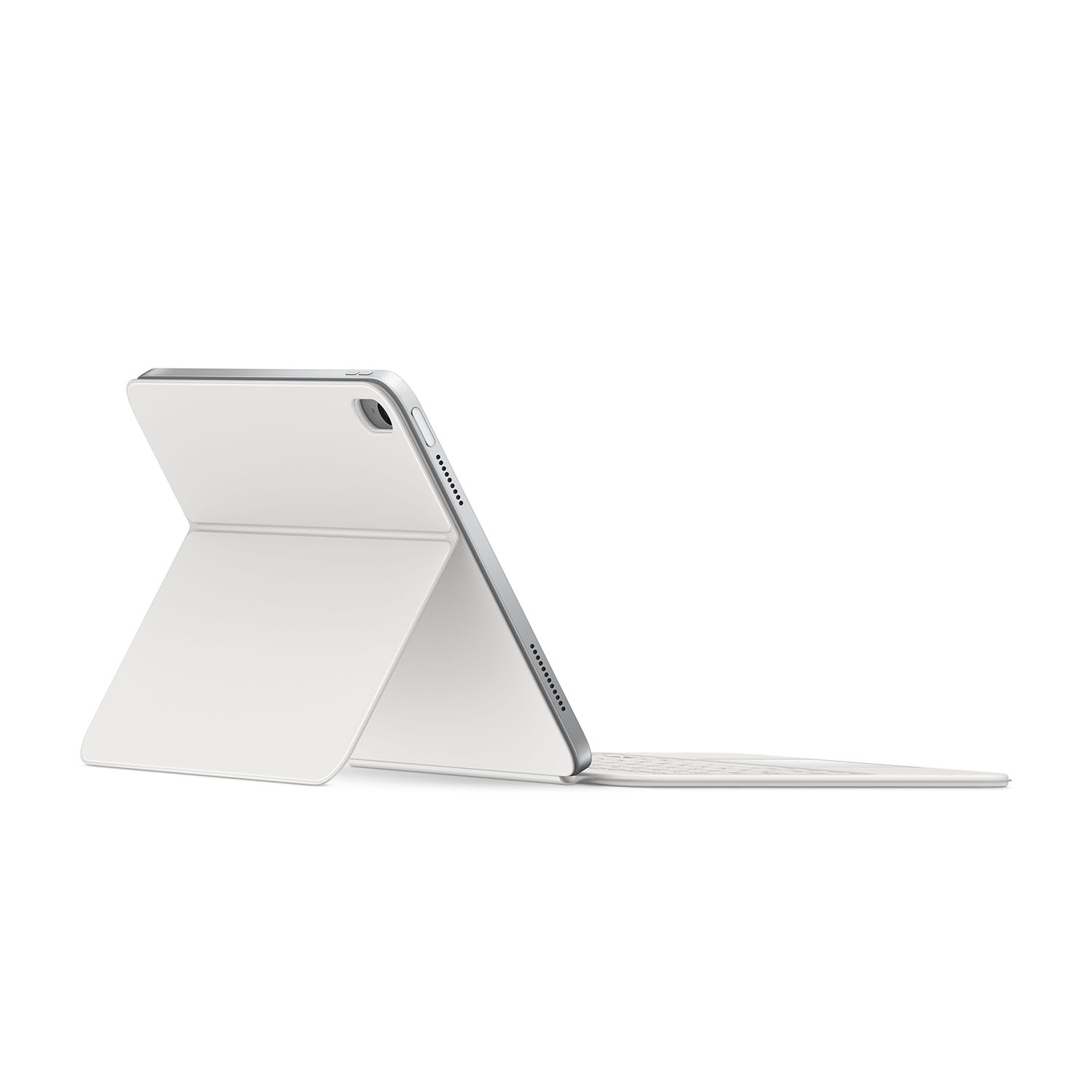 Tablet bianco con custodia per tastiera collegata. La tastiera è aperta.