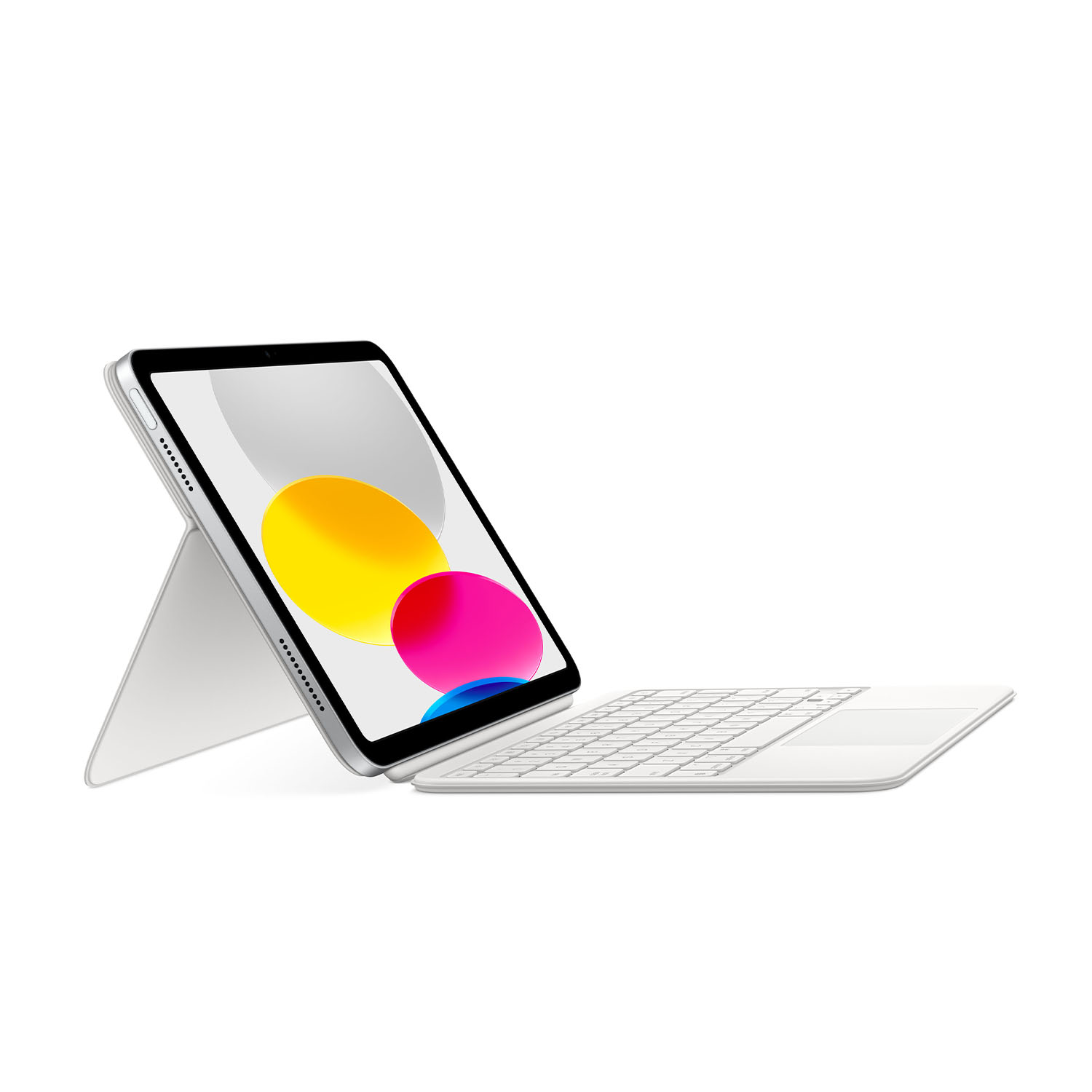Tablet argento con display colorato e tastiera. Sfondo bianco.