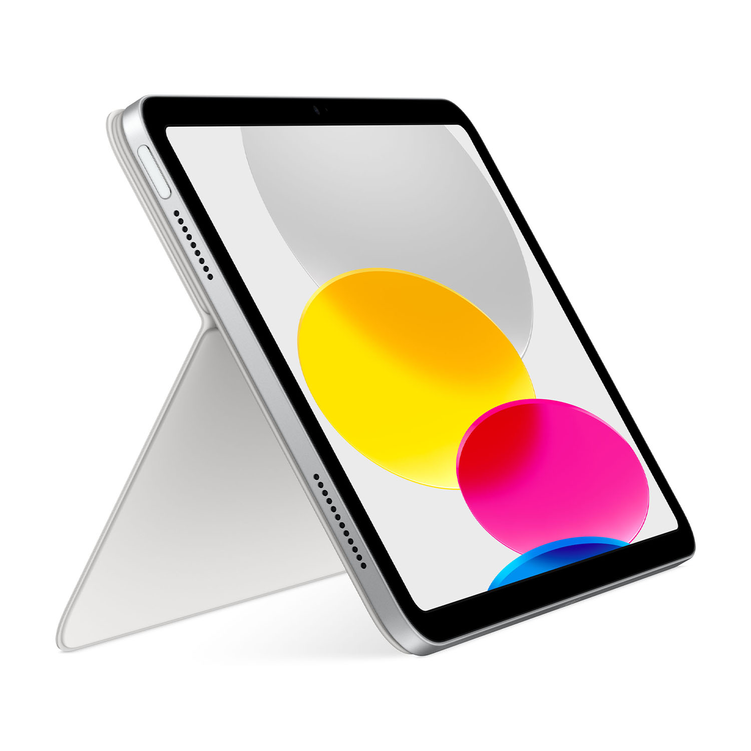Tablet argento, schermo colorato su supporto bianco. Sfondo bianco.