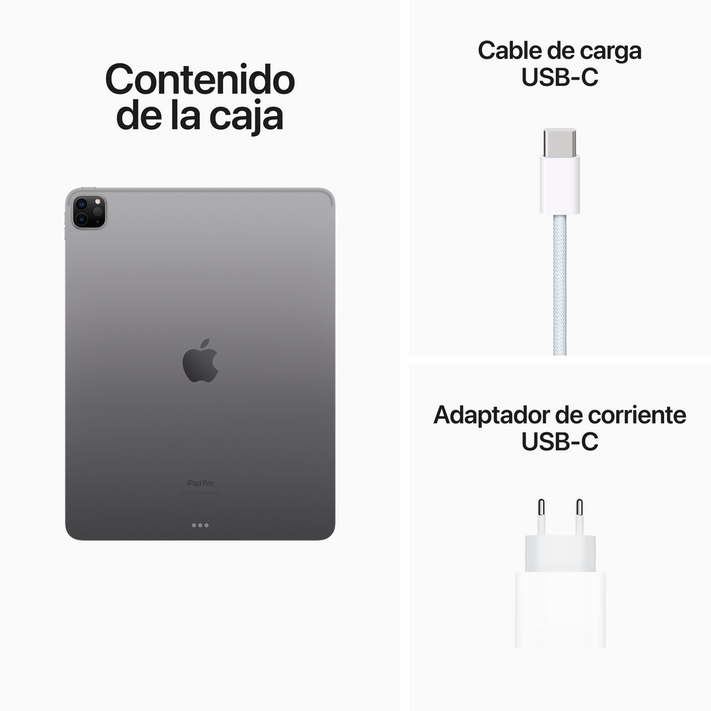 Tableta, cable USB-C y adaptador de corriente USB-C. Todo sobre fondo blanco.