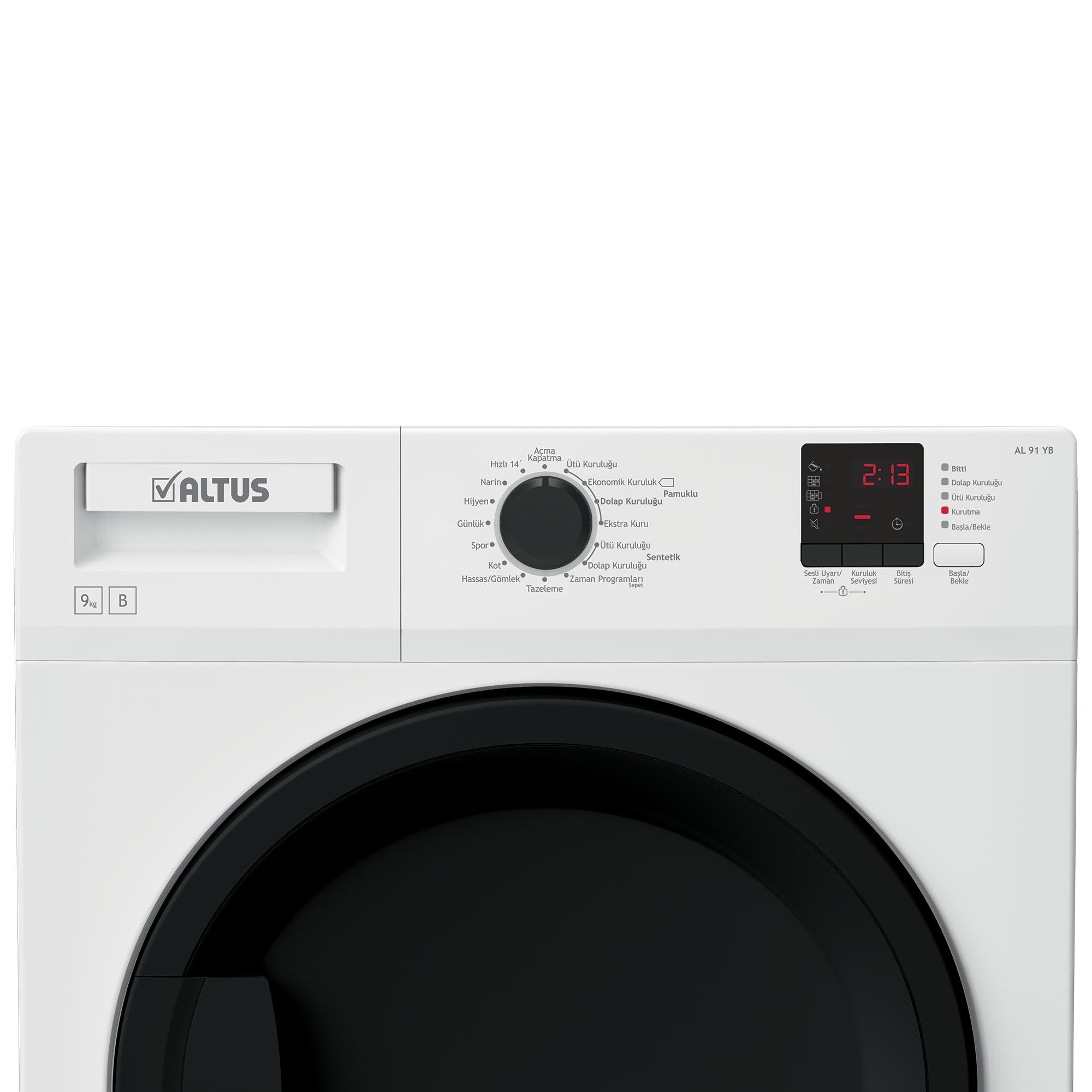 Siyah kapılı ve dijital ekranlı beyaz bir çamaşır makinesinin yakın çekimi.