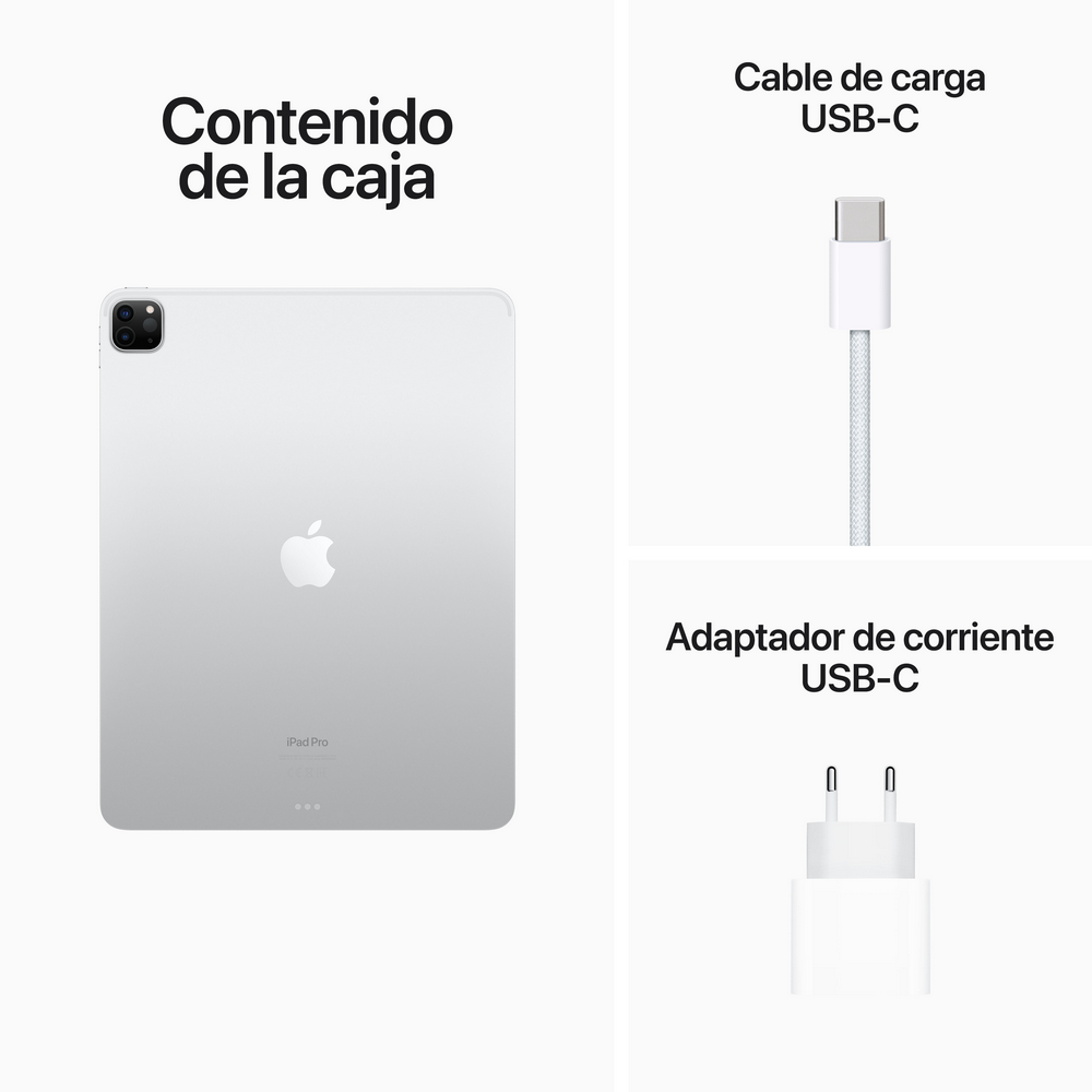 iPad Pro, cable de carga USB-C y adaptador de corriente USB-C sobre fondo blanco, con etiquetas.