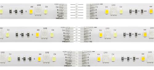 Drei LED-Lichtstreifen mit Anschlüssen, die verschiedene Farbkombinationen zeigen.