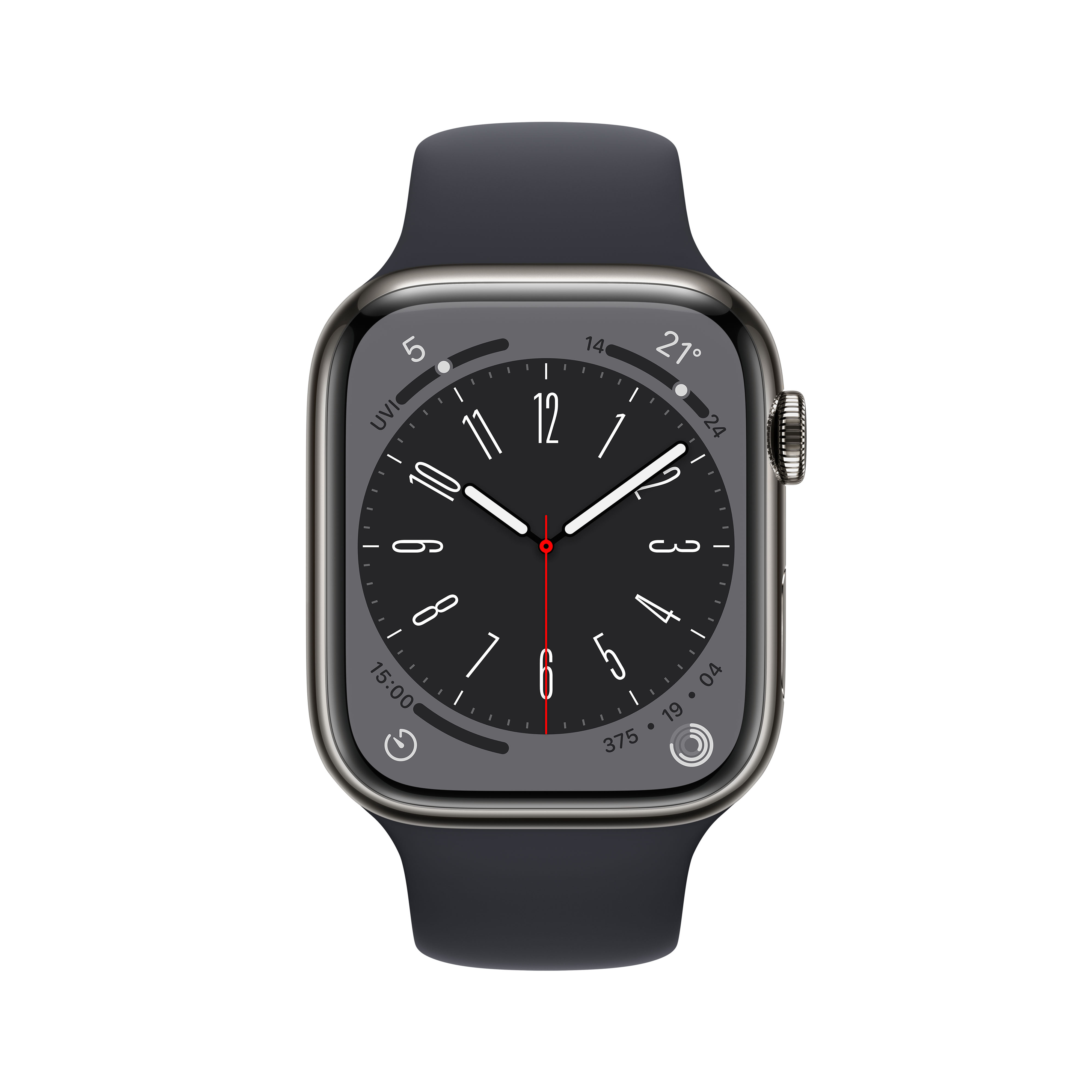 Watch 8 45 - Series mm Armband: (GPS Cellular) 220 Smartwatch Mitternacht, mm, + Edelstahl APPLE 140 Gehäuse: Graphit Fluorelastomer,
