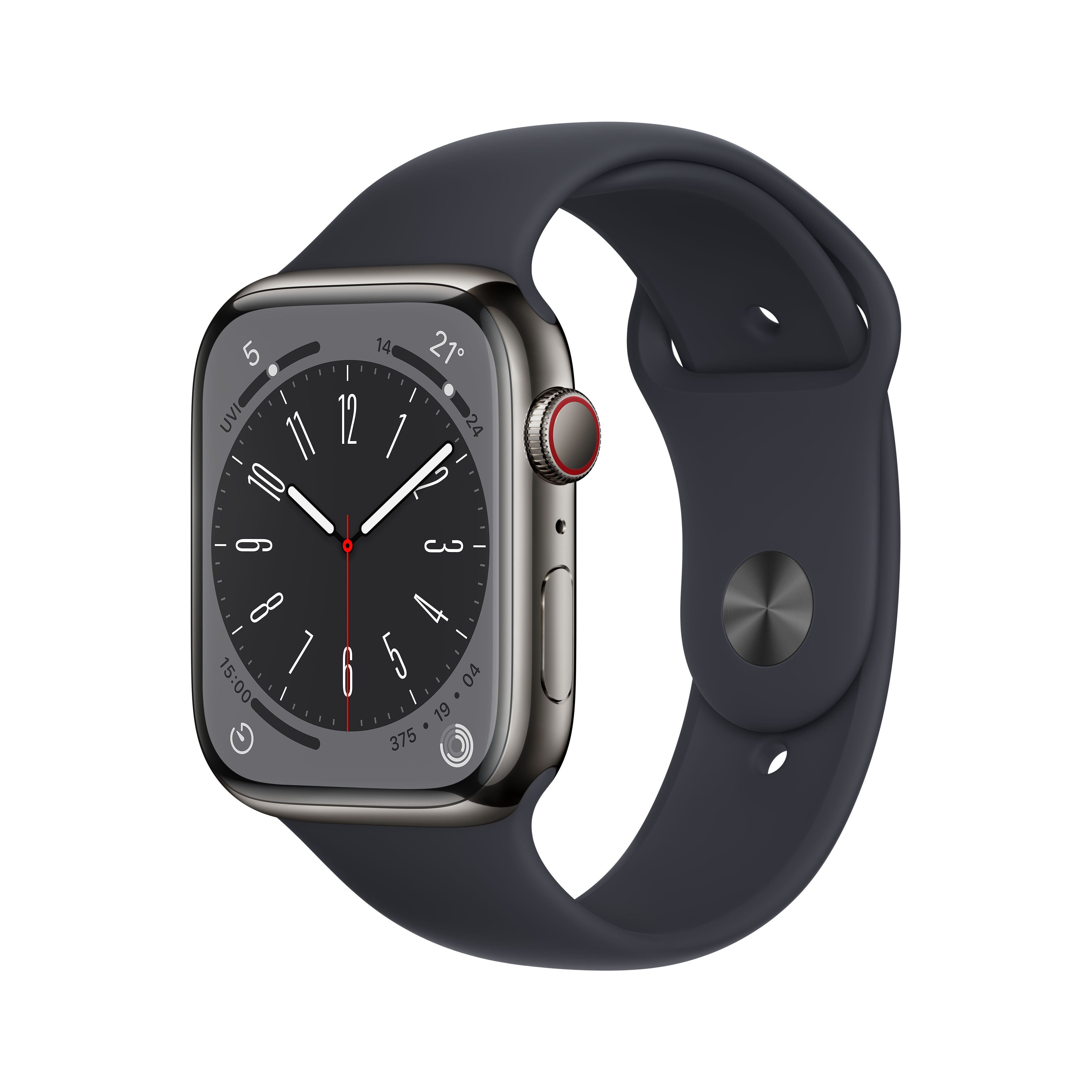 APPLE Watch Series 8 (GPS Gehäuse: Armband: Fluorelastomer, 220 Cellular) Smartwatch Graphit 140 mm, mm Mitternacht, - Edelstahl + 45