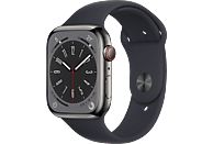 APPLE Watch Series 8 (GPS + Cellular) 45 mm Smartwatch Edelstahl Fluorelastomer, 140 - 220 mm, Armband: Mitternacht, Gehäuse: Graphit