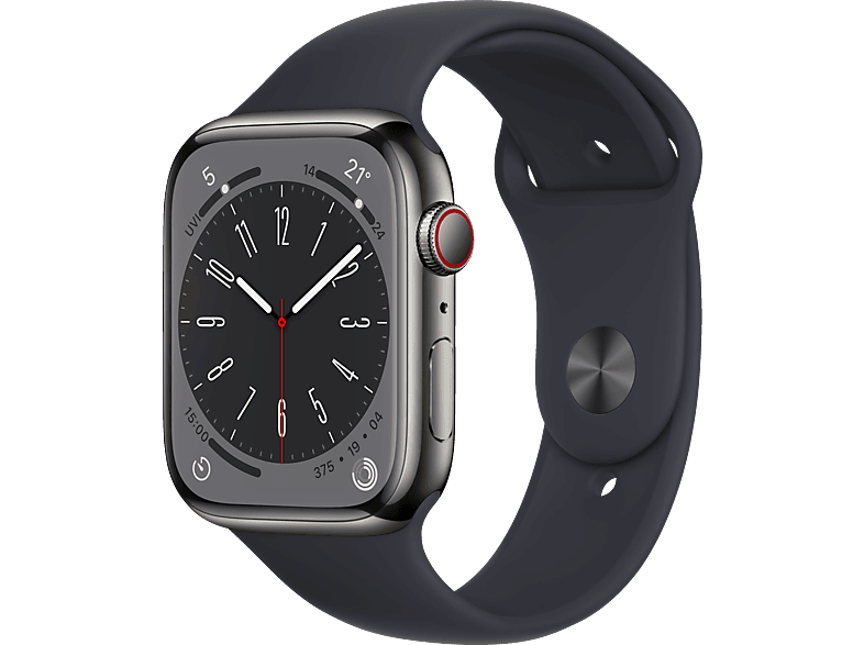 APPLE Watch - (GPS Smartwatch Fluorelastomer, Gehäuse: Mitternacht, Cellular) 8 Armband: Graphit 220 mm + mm, Edelstahl 140 45 Series