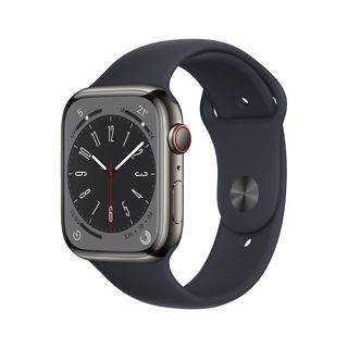 APPLE Watch Series 8 (GPS + Cellular) 45 mm Smartwatch Edelstahl Fluorelastomer, 140 - 220 mm, Armband: Mitternacht, Gehäuse: Graphit