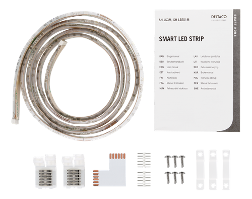 LED-Streifen mit Zubehör und Bedienungsanleitung auf schwarzem Hintergrund.
