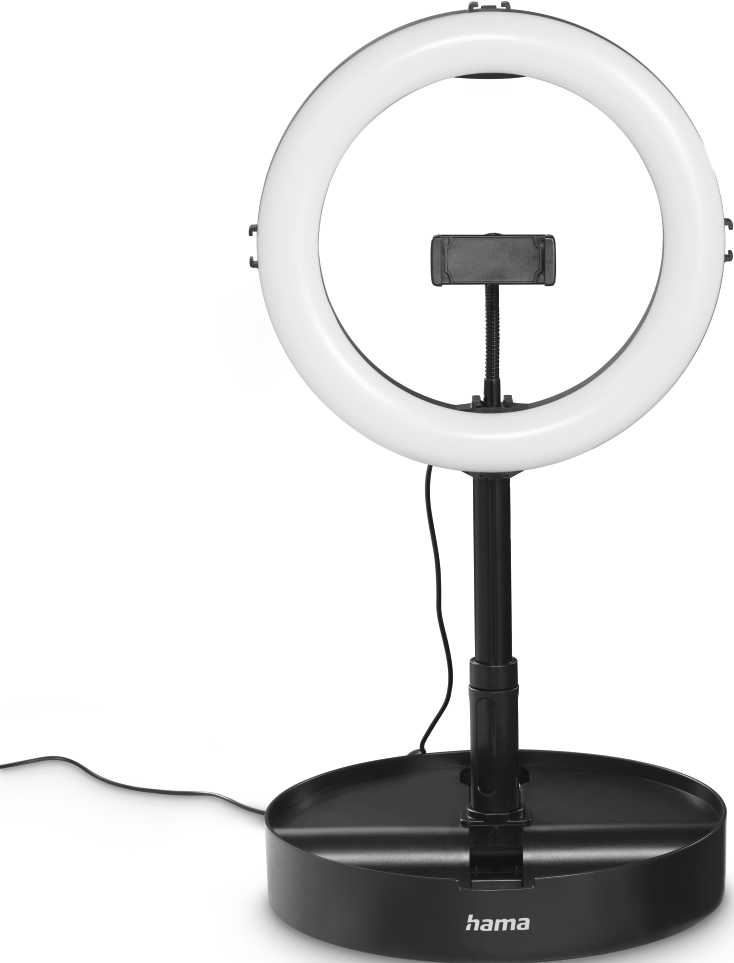 Anello luminoso con supporto per telefono, base e supporto neri, luce bianca, cavo nero.