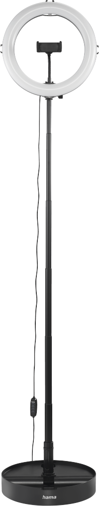 Una luce ad anello nera su un supporto. Ha una base rotonda e un supporto per telefono.