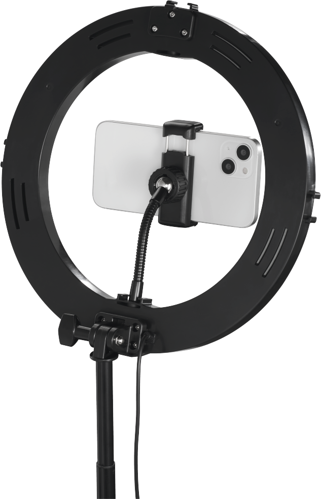 Una ring light con telefono attaccato, su un supporto. Cornice nera, telefono bianco, supporto nero.