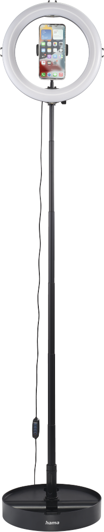 Una ring light con telefono attaccato, su supporto nero con base.