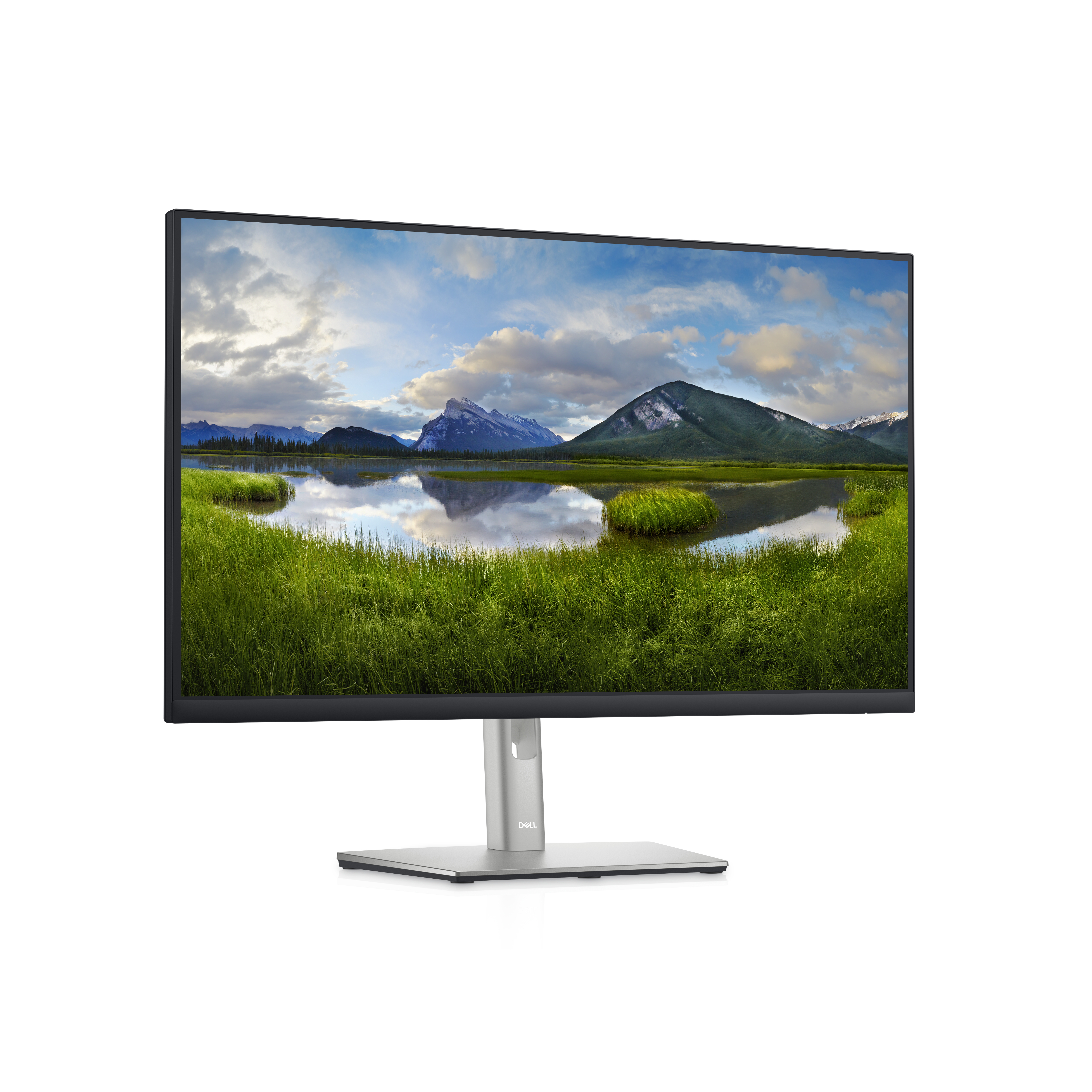 Dell-Monitor mit einer malerischen Landschaft mit Bergen, Gras und einem See.