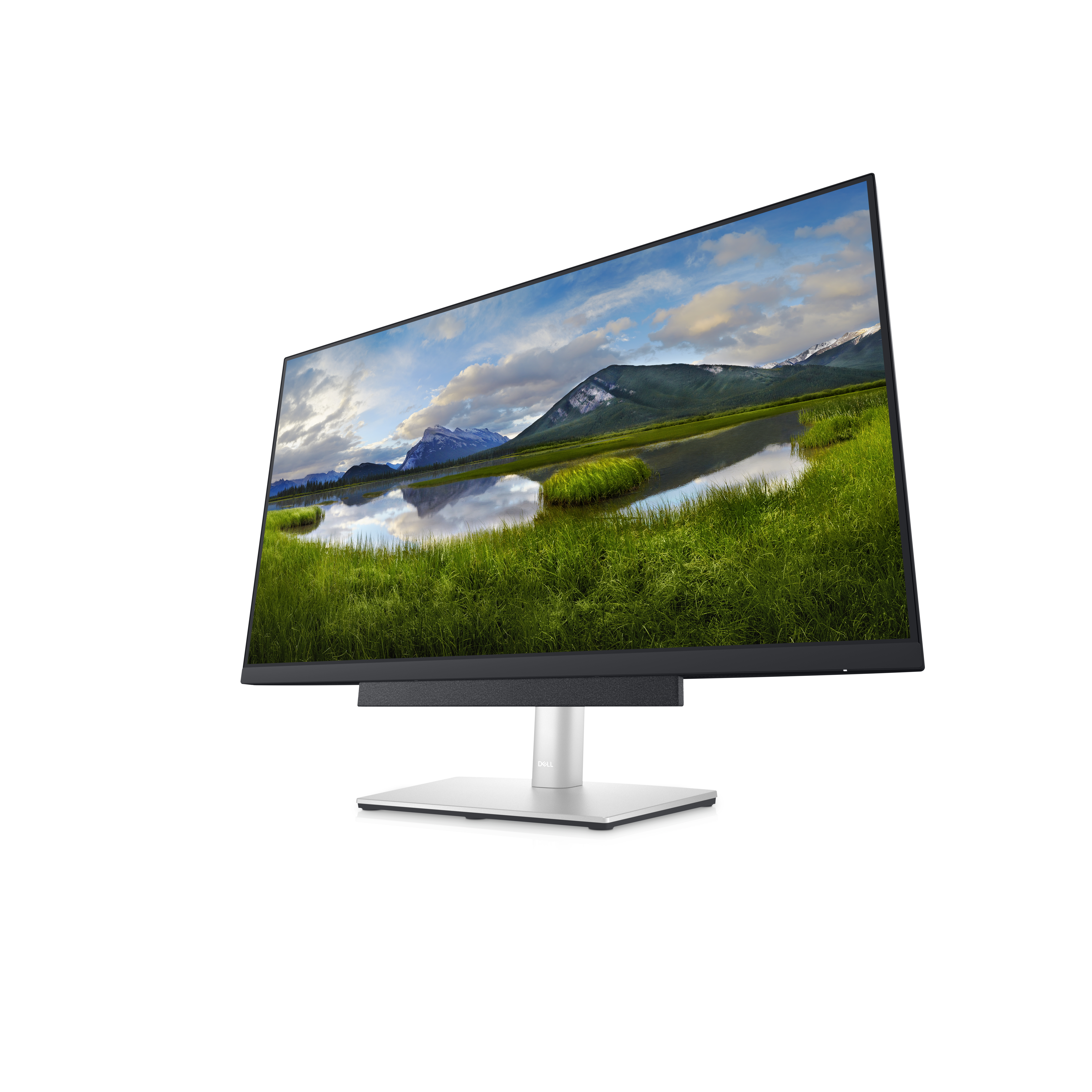 Ein Monitor mit Berglandschaft, auf einem silbernen Ständer. Weißer Hintergrund.
