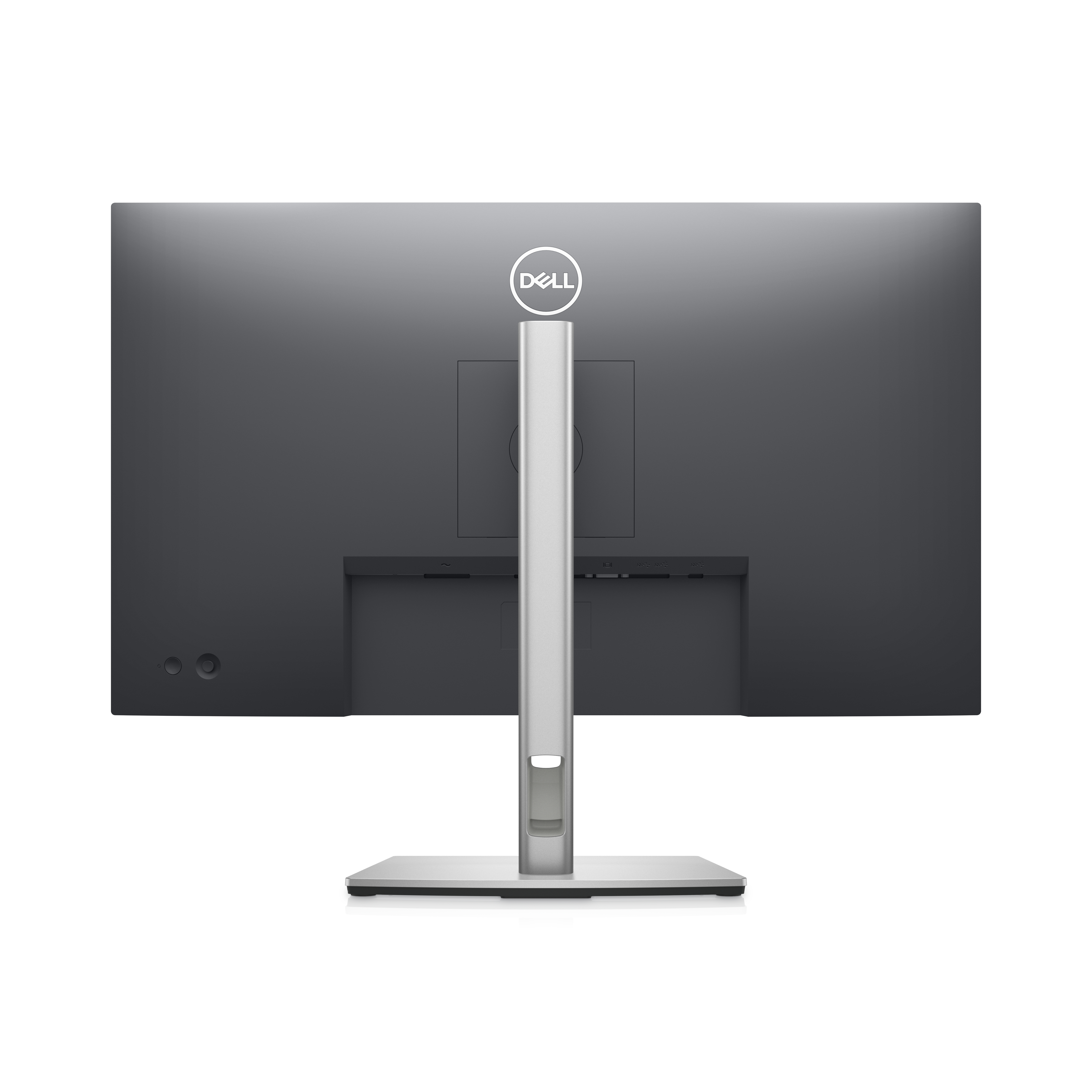 Rückseite eines Dell-Monitors, schwarzer Bildschirm und Ständer, weißer Hintergrund.