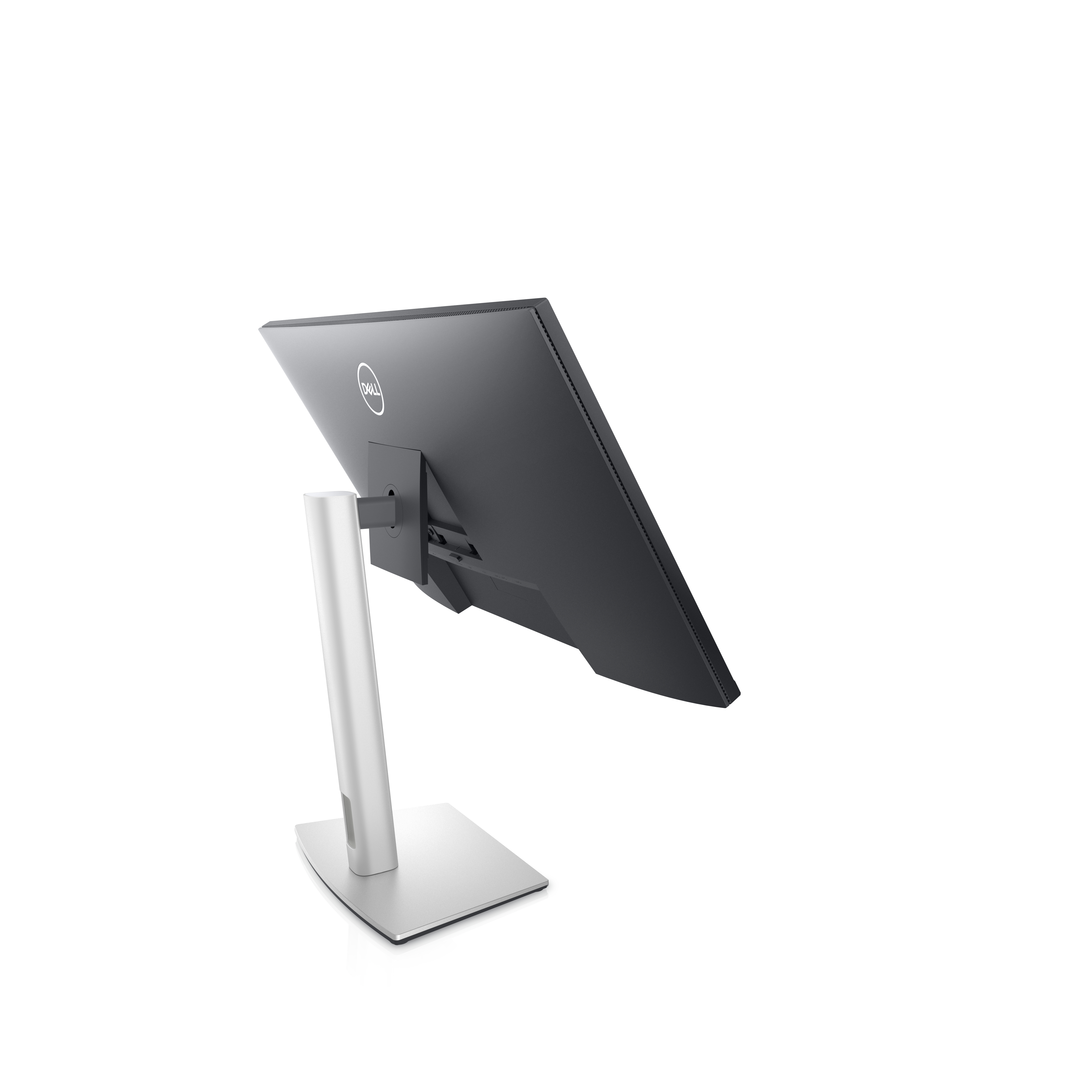 Dell-Monitor, schwarzer Bildschirm, nach hinten geneigt, silberner Sockel, weißer Hintergrund.