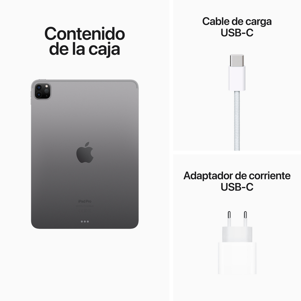 Contenido de la caja del iPad Pro: iPad Pro, cable USB-C y adaptador de corriente USB-C sobre fondo blanco.