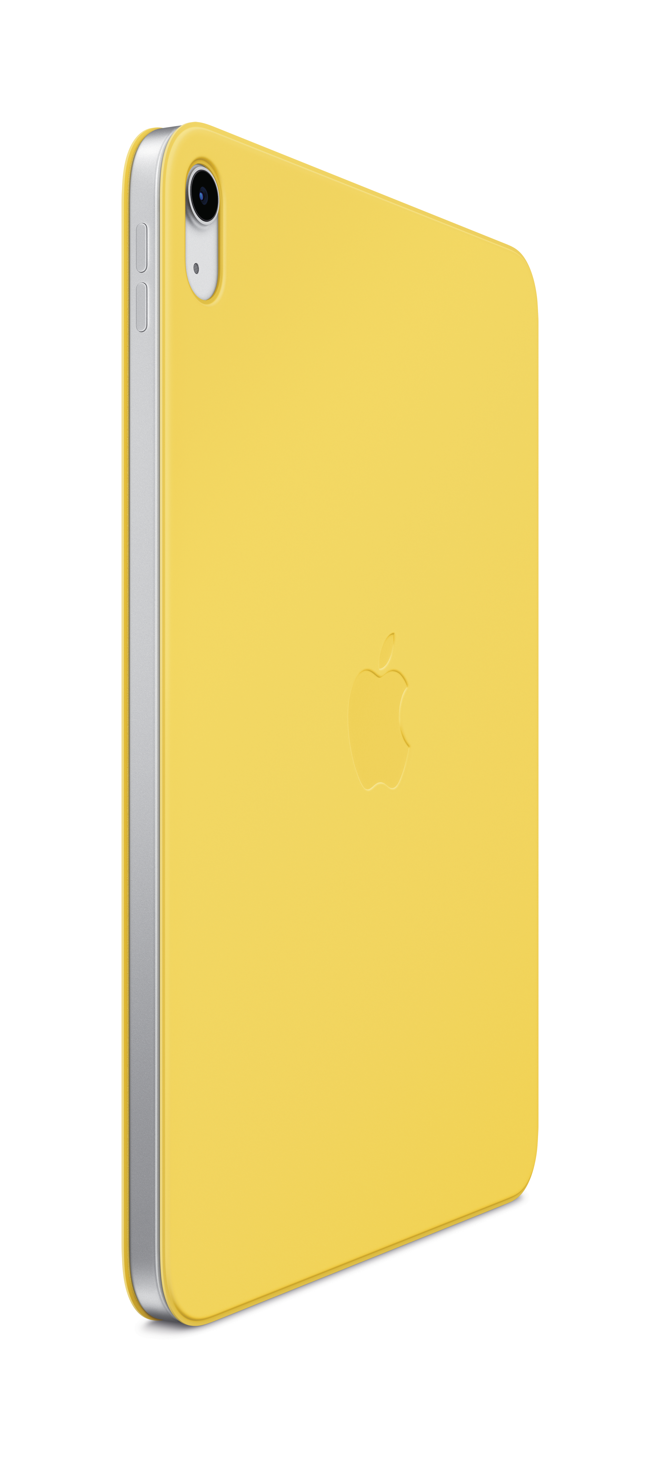 Gelbes iPad mit Apple-Logo. Silberne Kanten, Kamera oben. Weißer Hintergrund.