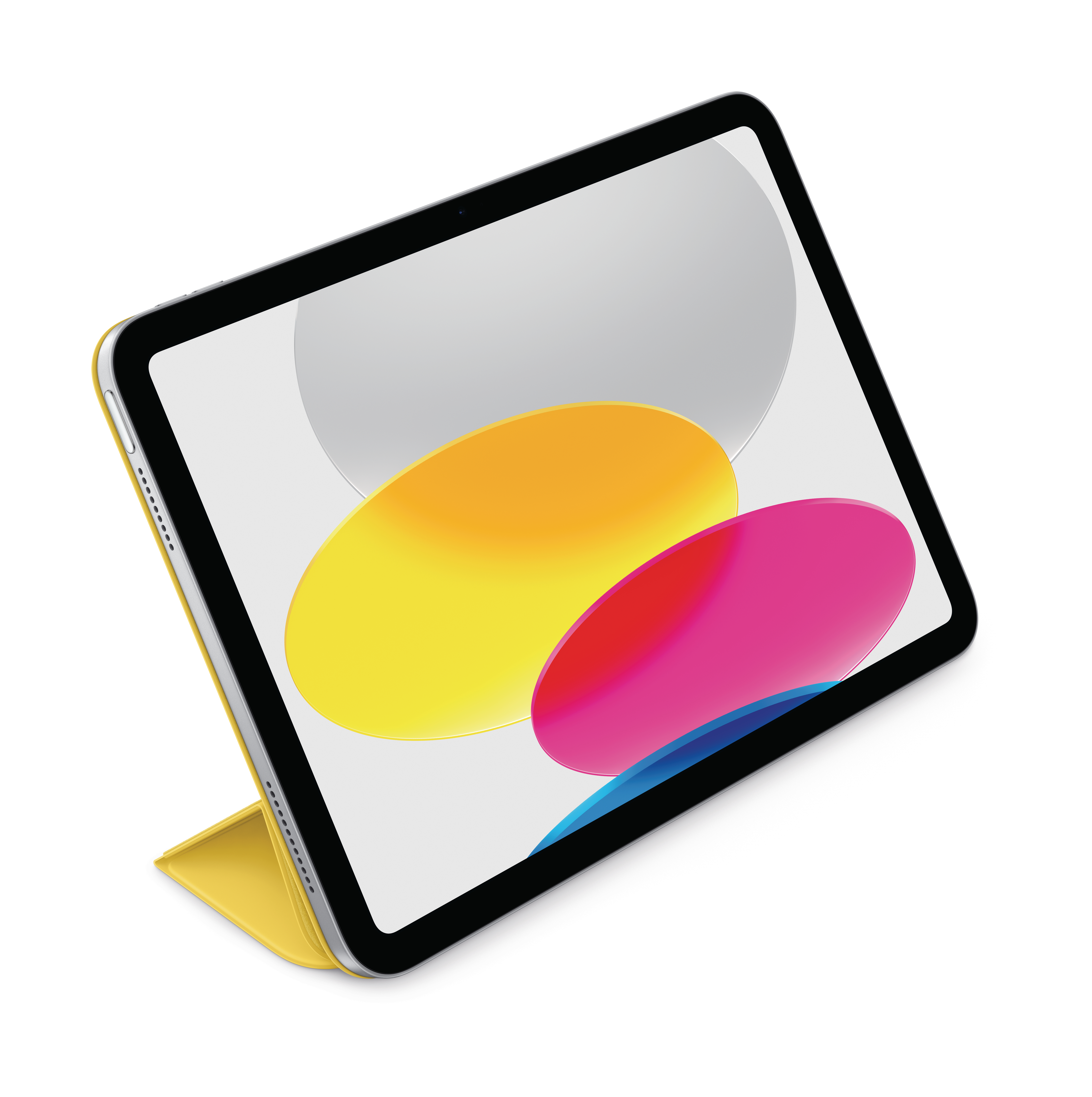 iPad mit gelber Hülle. Der Bildschirm zeigt farbenfrohe Formen.