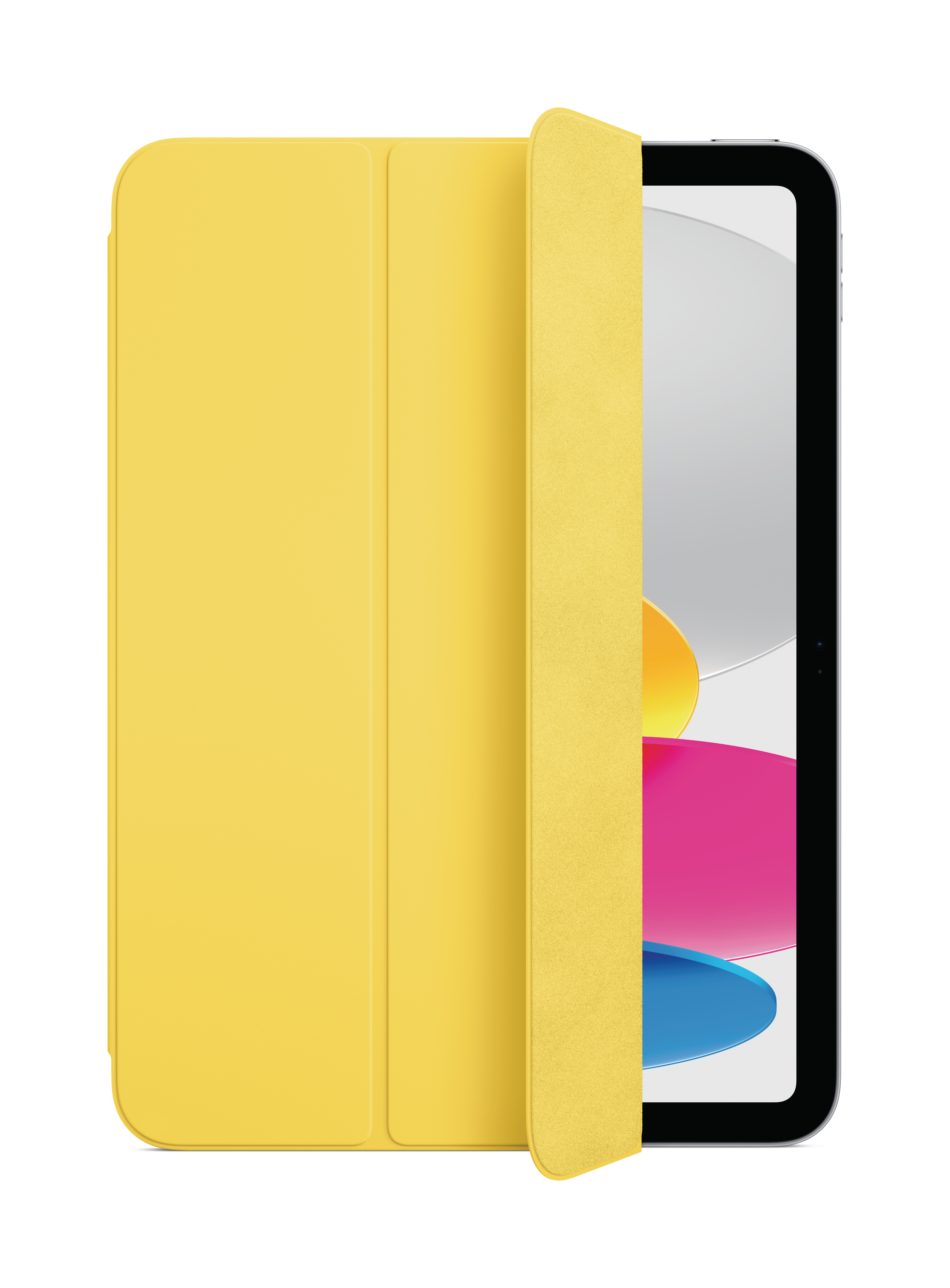 Gelbe iPad-Hülle, die teilweise geöffnet ist und den Bildschirm freigibt.
