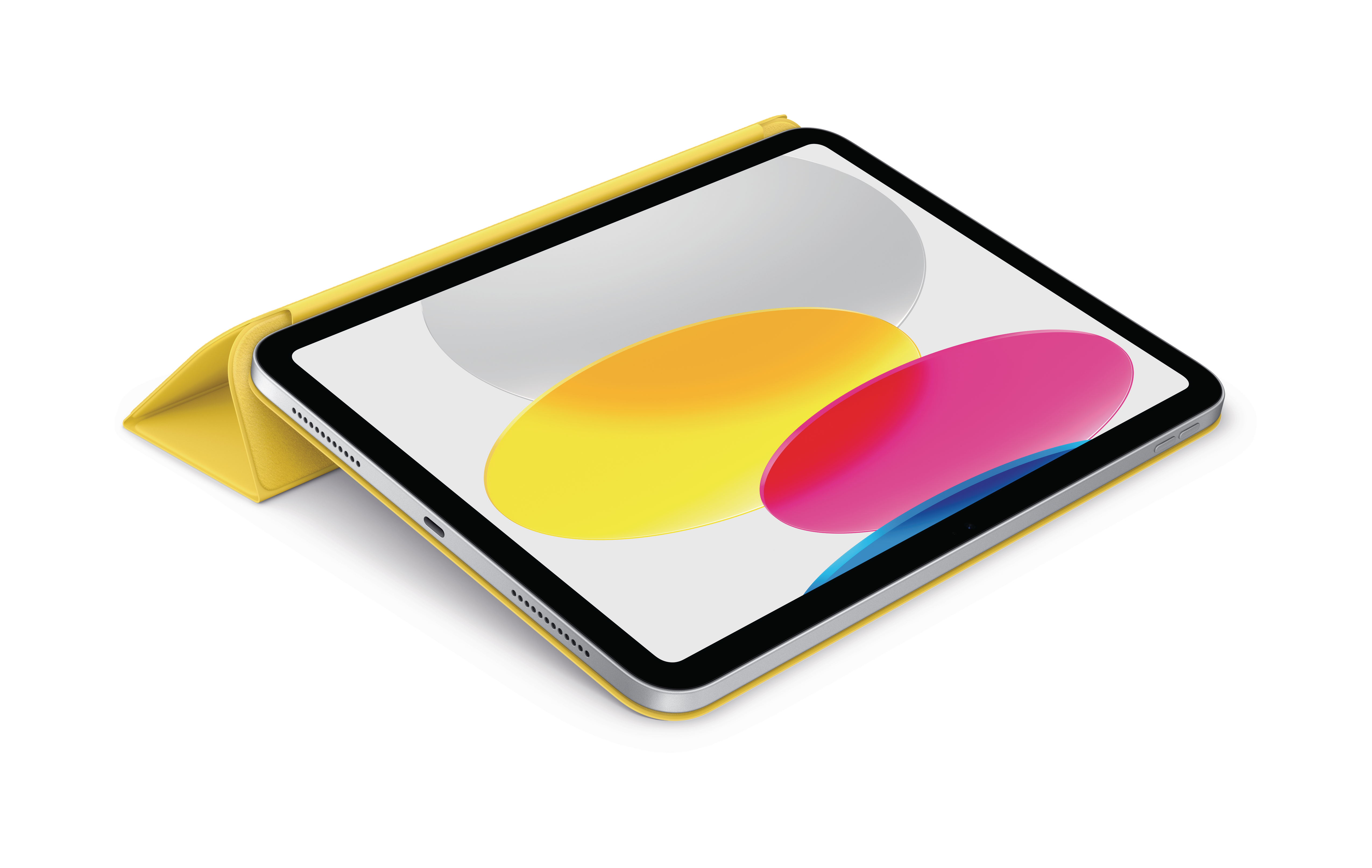 Ein iPad mit gelbem Cover, liegt auf weißer Oberfläche. Der Bildschirm zeigt ein farbenfrohes Bild.