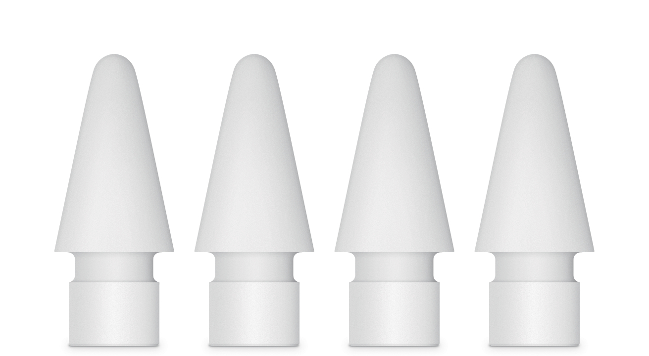 Vier weiße Apple Pencil-Spitzen, auf weißem Hintergrund aufgereiht.