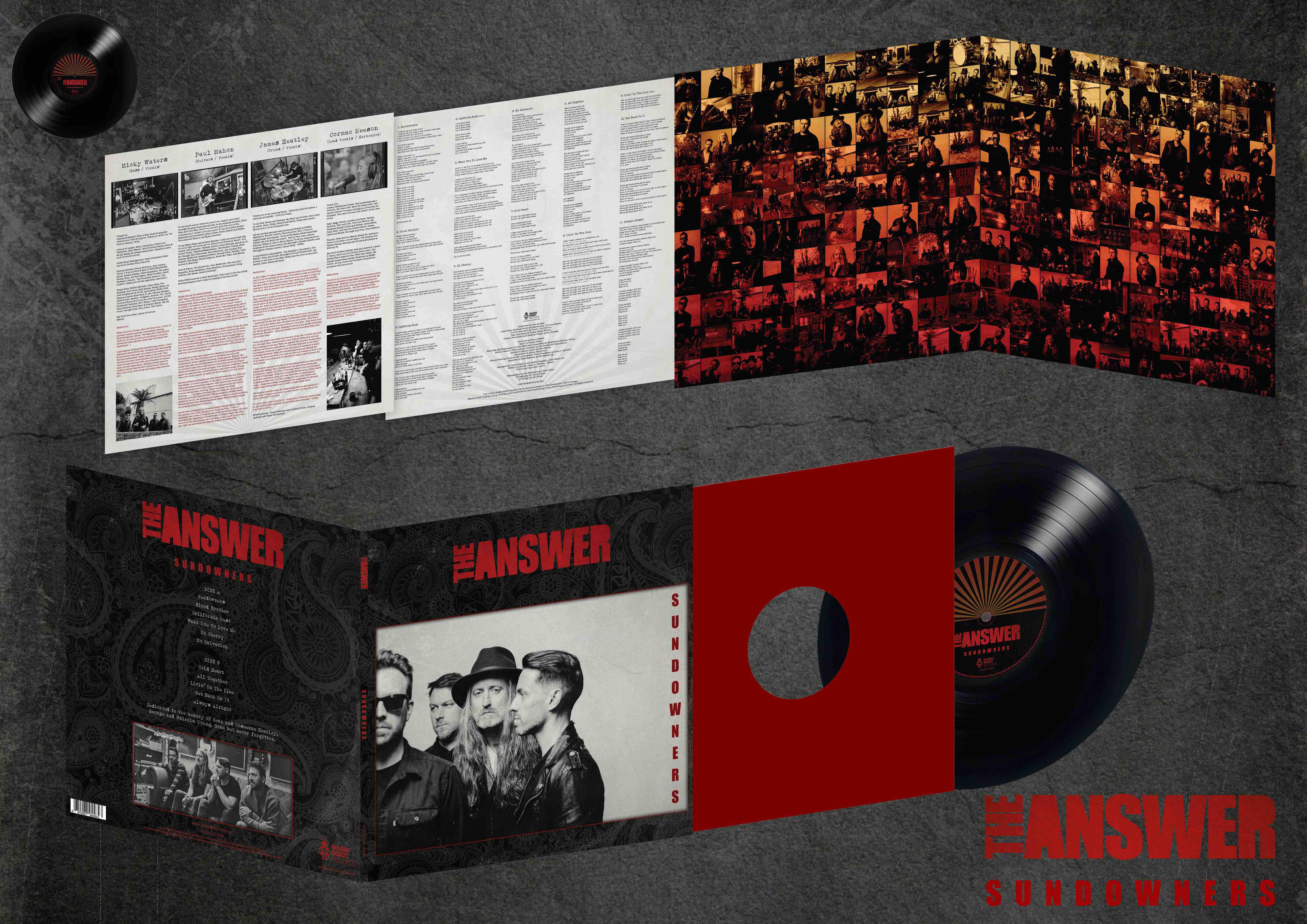 Albumcover mit Bandfoto, Albumcover und Vinyl-Schallplatte.