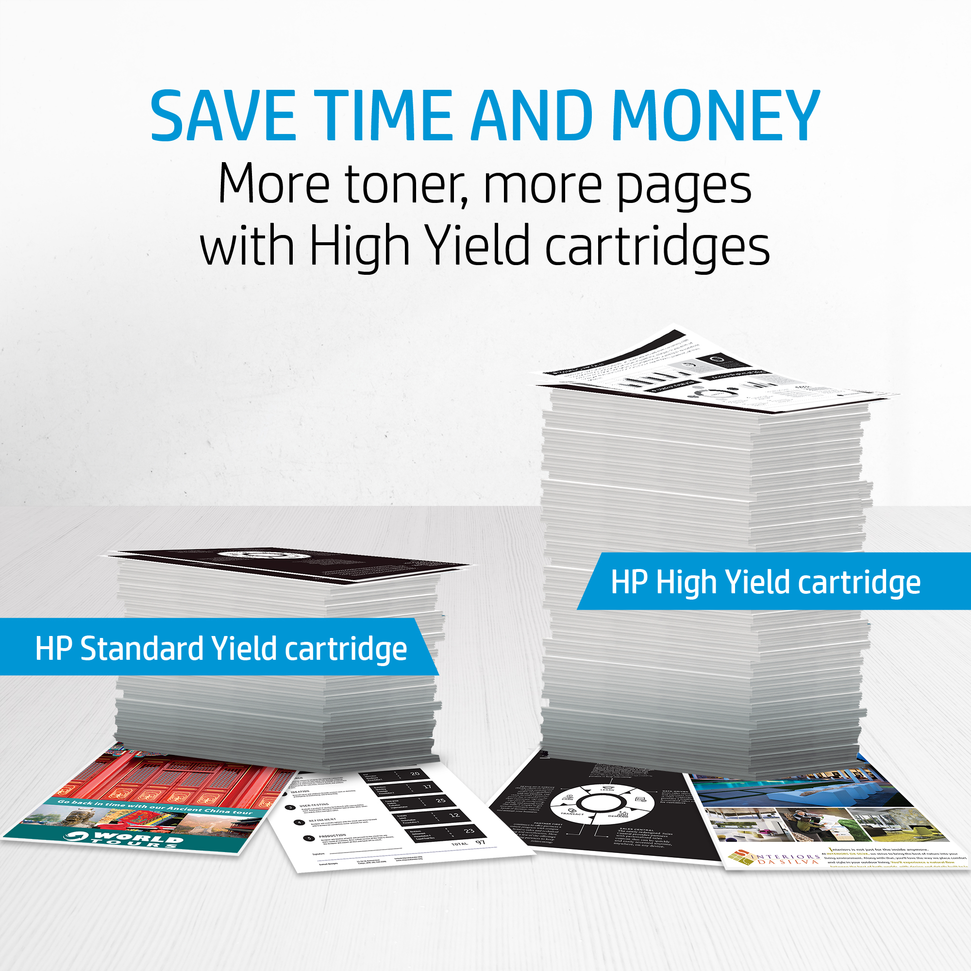L'image montre des piles de papier ; l'une est HP Standard Yield, l'autre HP High Yield, avec du texte.