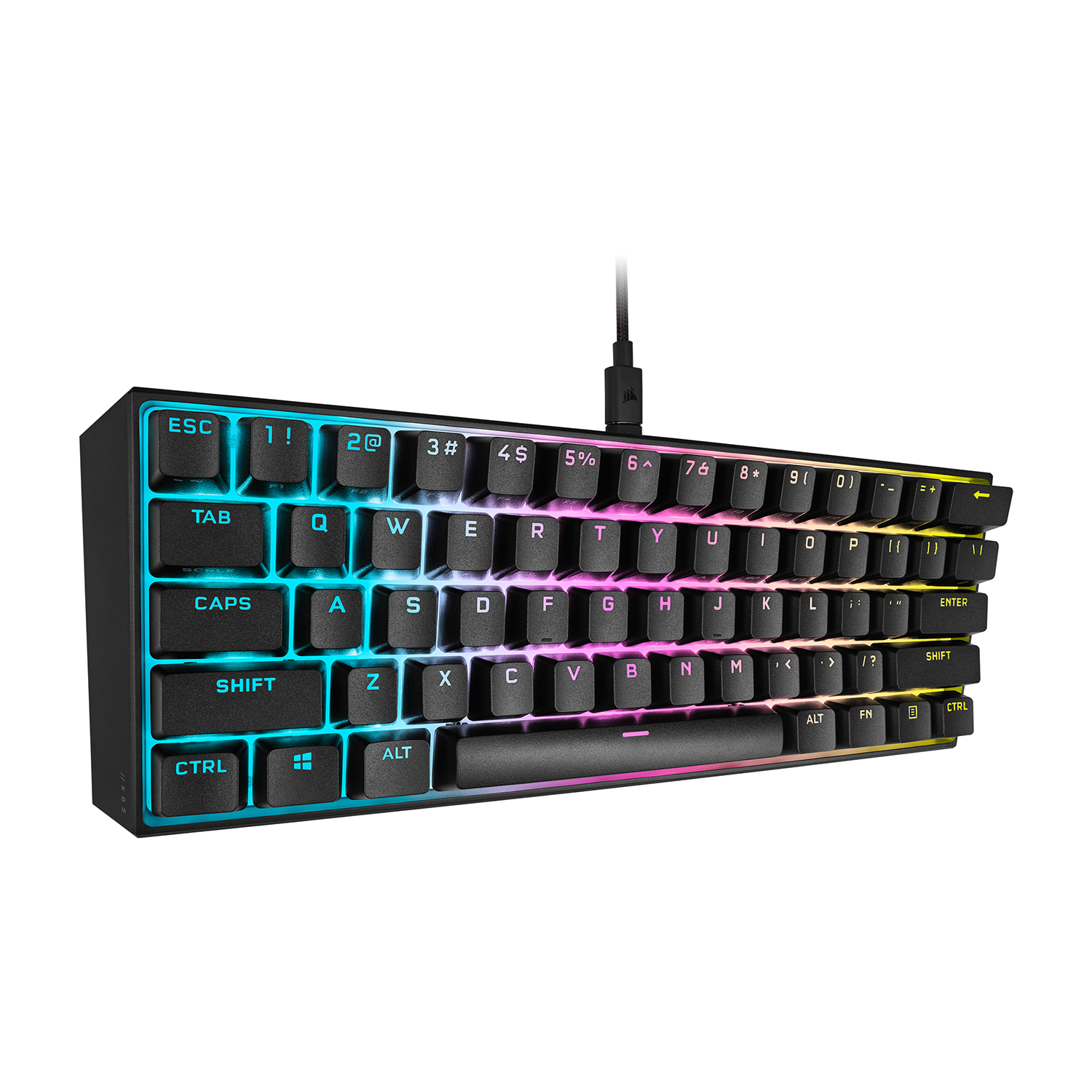 Tastiera nera con tasti retroilluminati colorati. Ha molti tasti, inclusa la fila di funzioni.