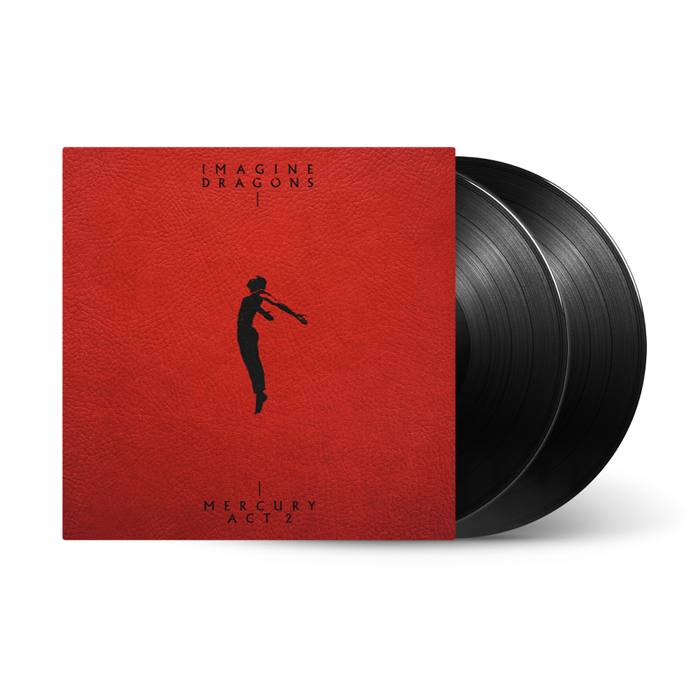 Albumcover: Imagine Dragons, 'Mercury - Act 2'. Roter Cover, Silhouette, schwarze Schallplatten.