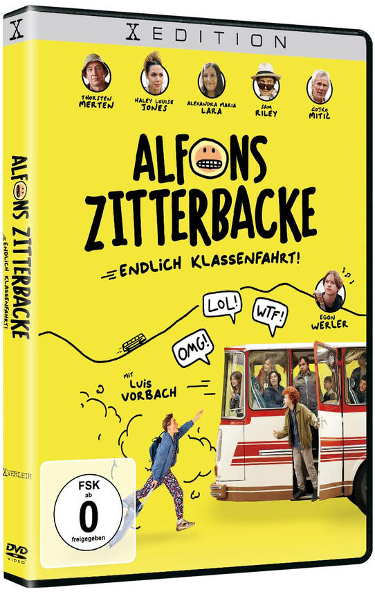 DVD-Hülle mit Cartoon-Bild eines Busses und Kindern sowie dem Titel 'Alfons Zitterbacke'.