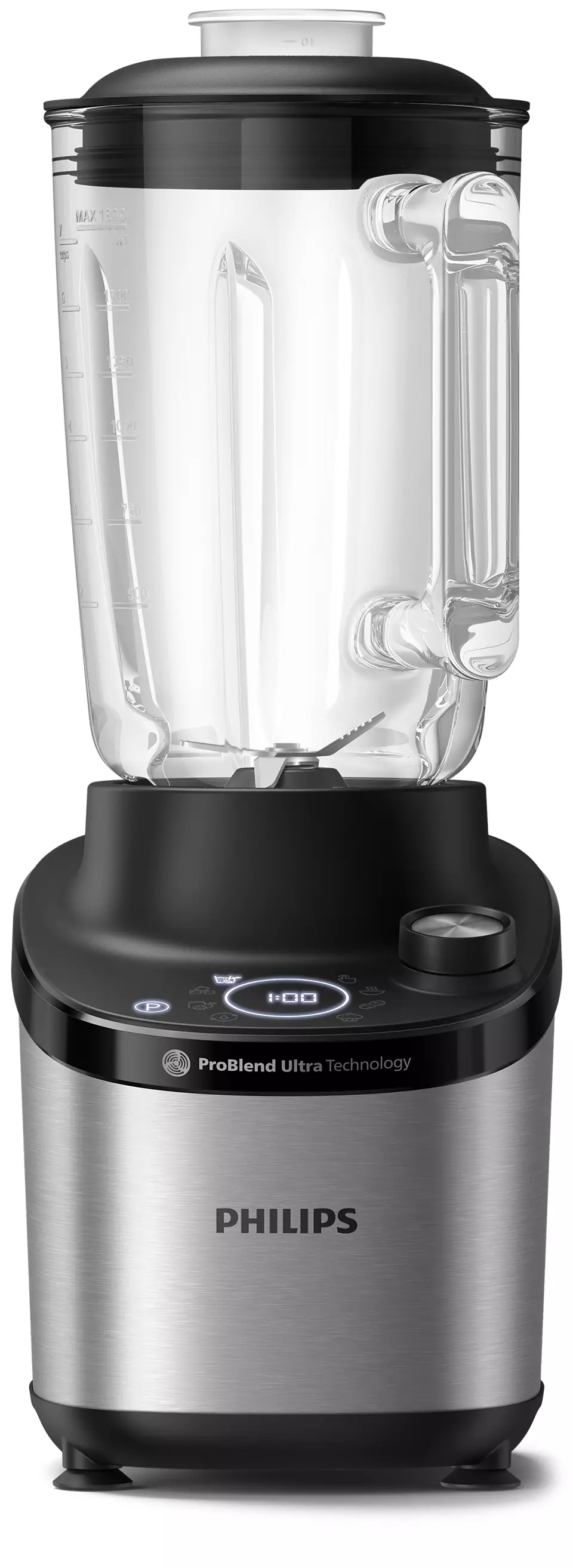 Egy ezüst és fekete Philips turmixgép, átlátszó tartállyal.