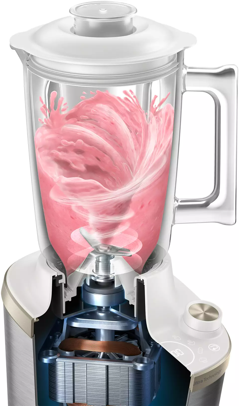 Turmixgép felvágva, belül rózsaszín smoothie-val. Rozsdamentes acél külső, fehér felső.