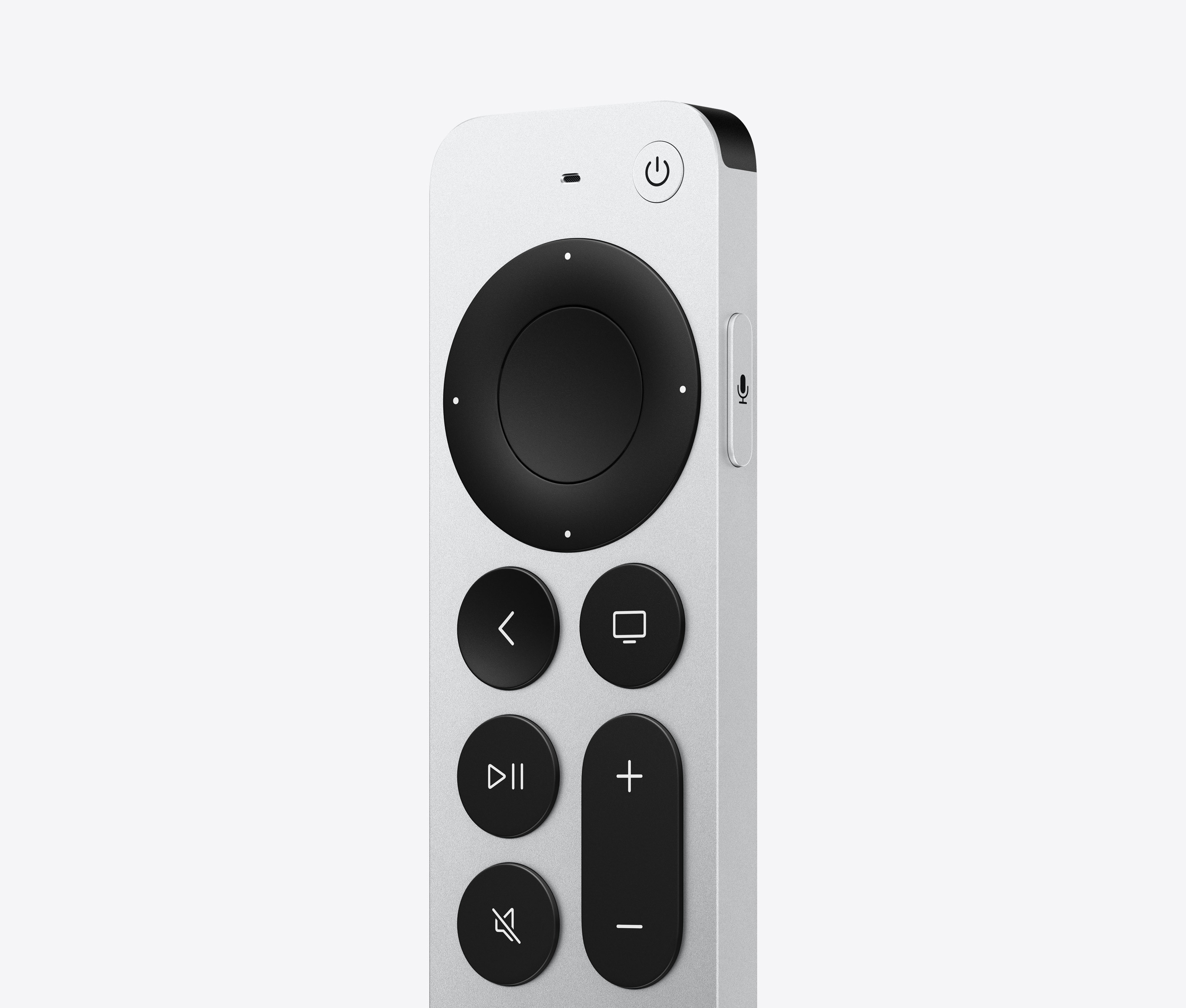 Düğmeleri ve dokunmatik yüzeyi olan gümüş bir Apple TV kumandası.