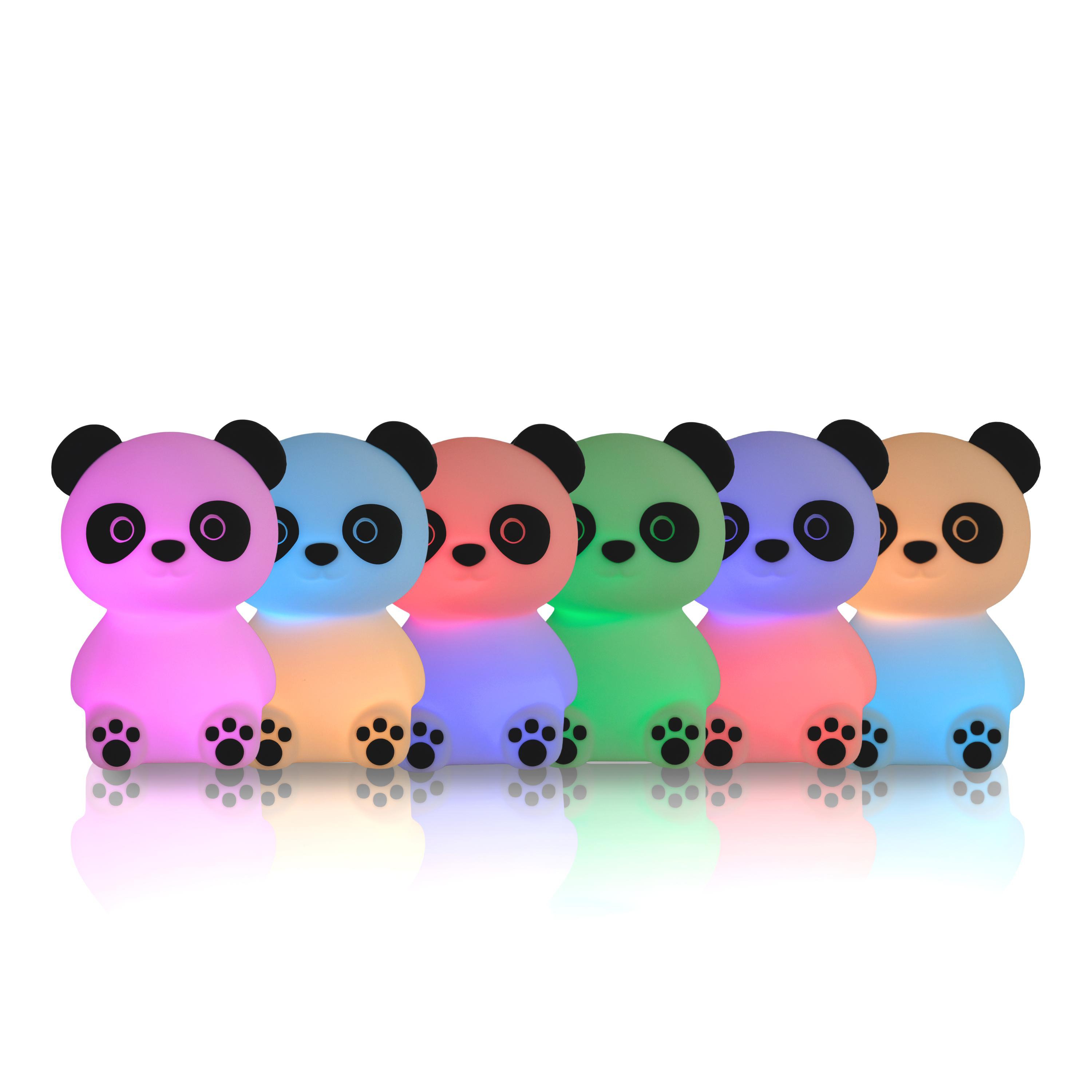 Sechs bunte pandaförmige Nachtlichter sind in einer Reihe angeordnet und leuchten jeweils.